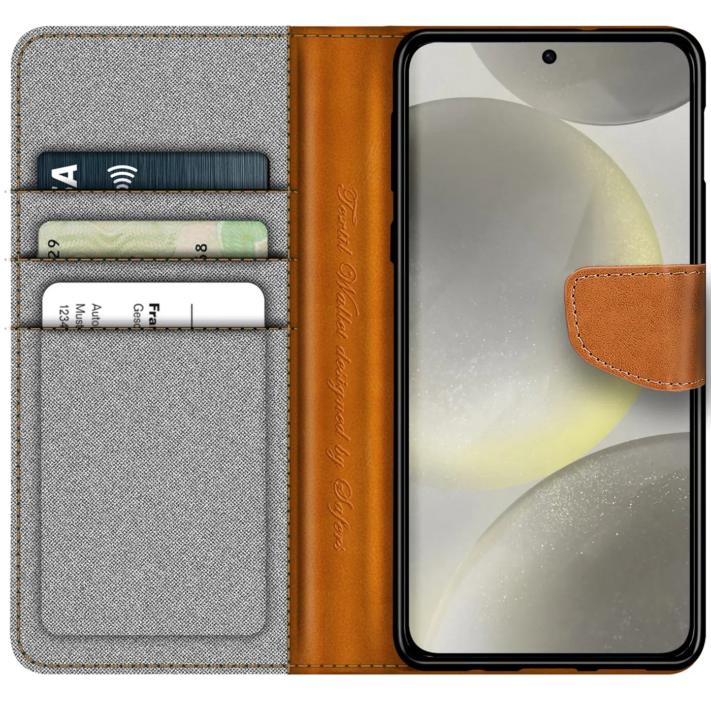 Graue Textil-Klapphülle mit braunen Lederdetails, Kartenfächer, Samsung S24 FE.
