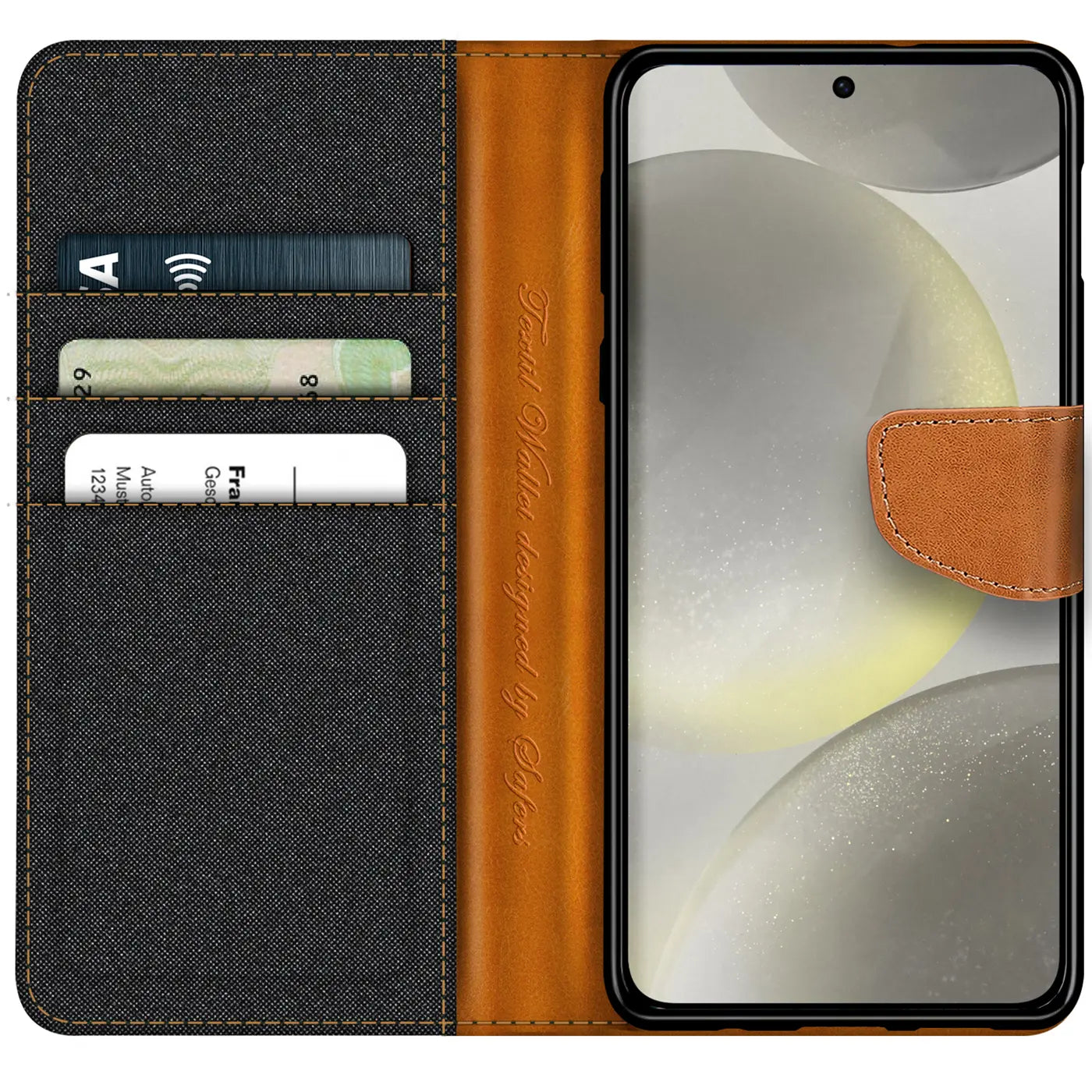 Textil-Klapphülle mit Kartenfach, braun/schwarz, Samsung S24 Plus, von oben