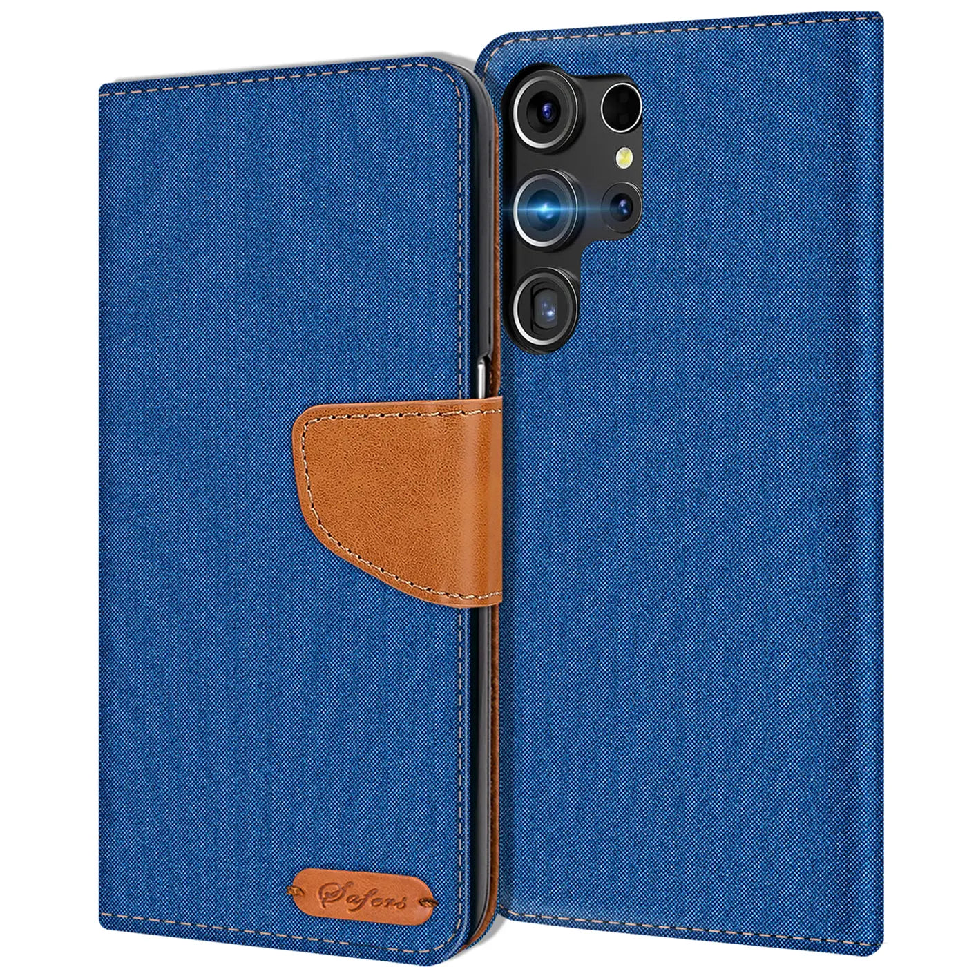Blaue Textil-Klapphülle mit braunem Lederdetail, zeigt Rückseite Samsung S24 Ultra.