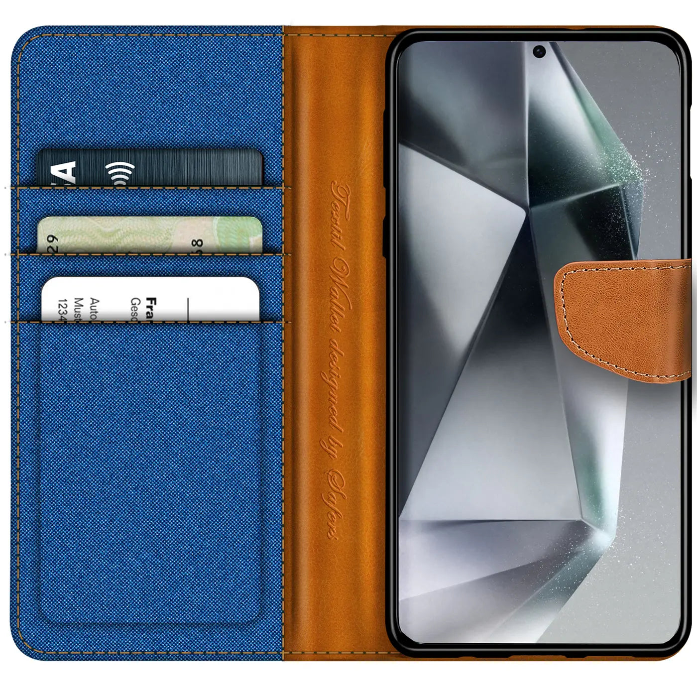 Blaue Textil-Klapphülle mit braunen Lederakzenten, Kartenfächern, Samsung S24 Ultra.