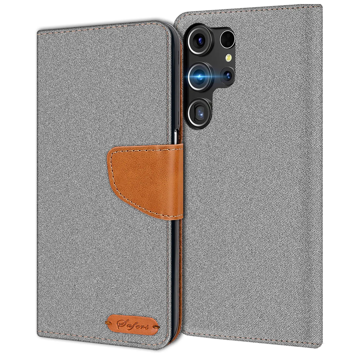 Graue Textil-Klapphülle mit braunem Lederakzent, Samsung S24 Ultra sichtbar, von vorne