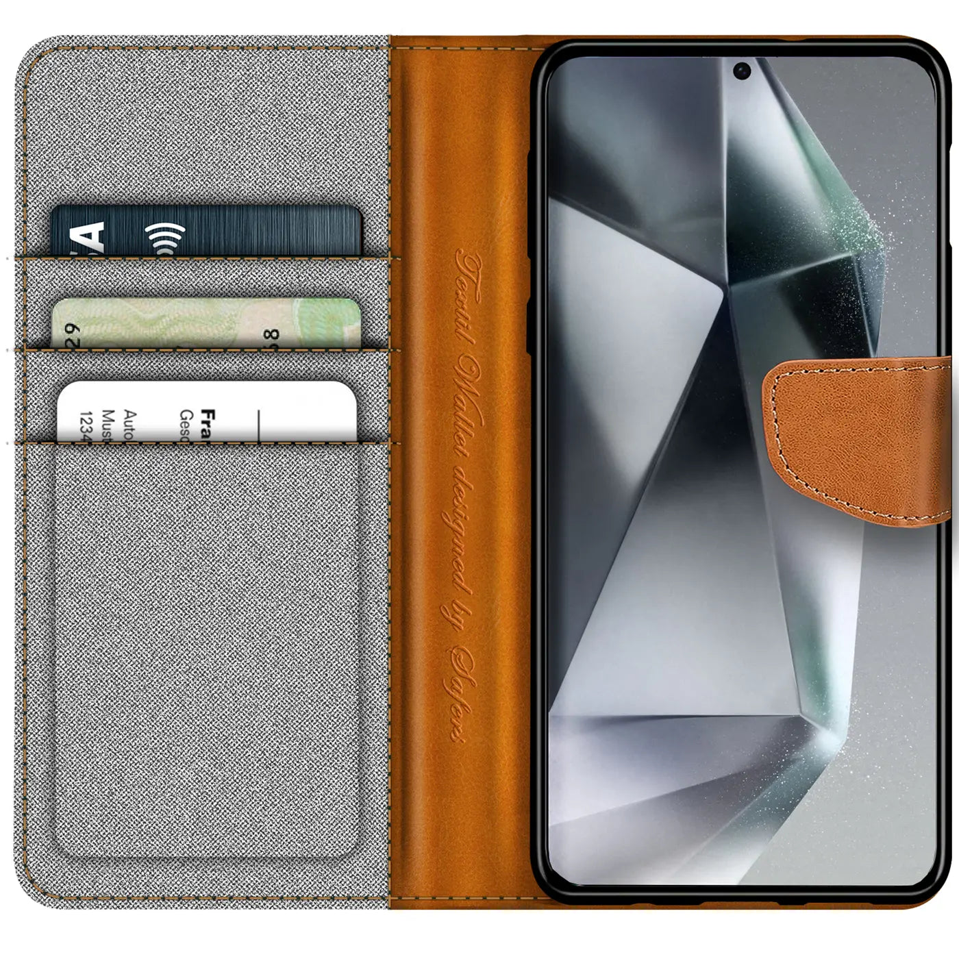 Graue Textil-Klapphülle mit braunen Lederakzenten, Kartenfächern, Samsung S24 Ultra.