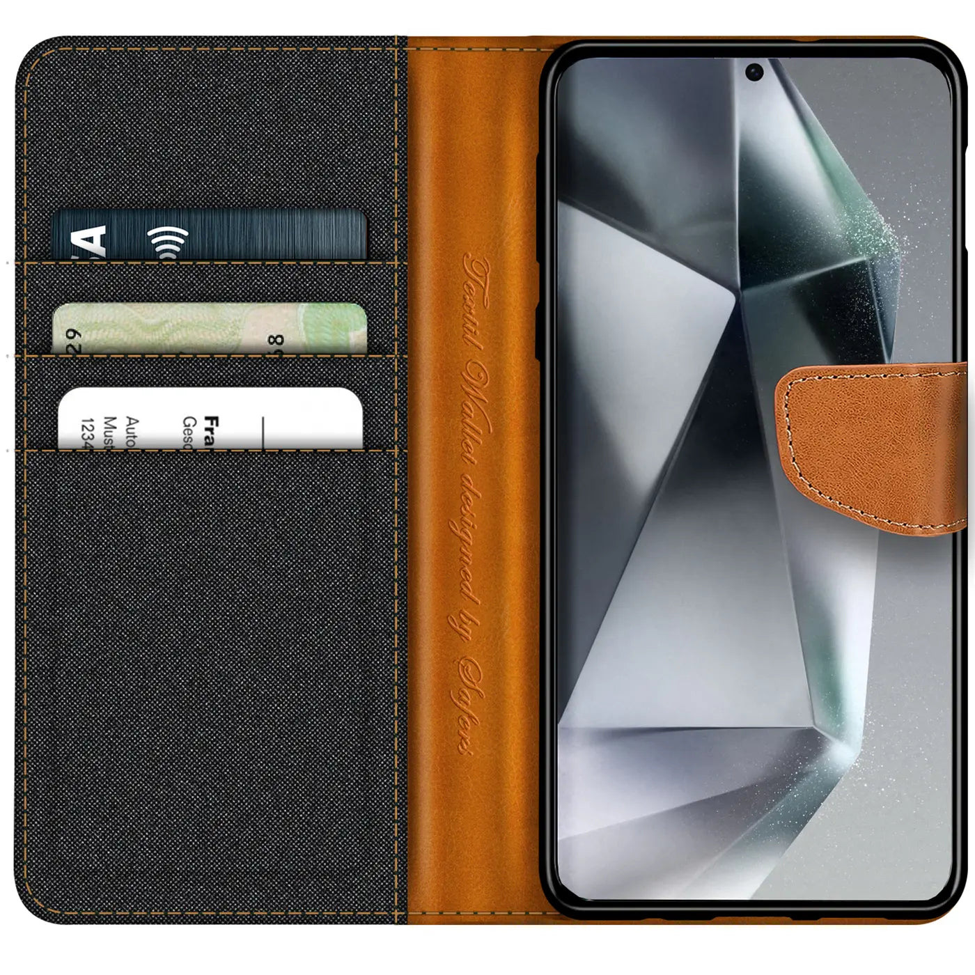 Textil-Klapphülle in Schwarz/Braun mit Kartenfach, Samsung S24 Ultra, von vorn