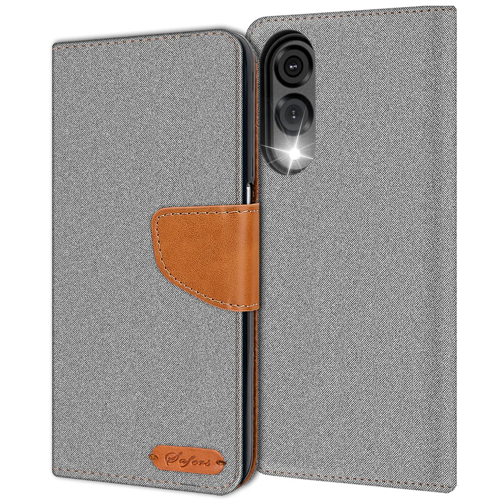 Graue Textil-Klapphülle mit braunem Lederdetail und Kartenfach, Vorderansicht, Samsung S25 Edge erkennbar.