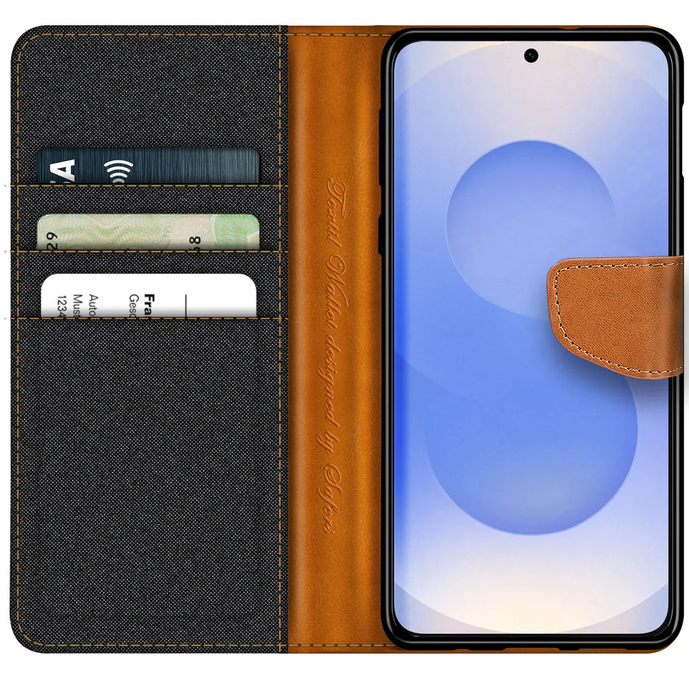 Textil-Klapphülle mit Kartenfach für Samsung Galaxy S25 Edge, braun/grau