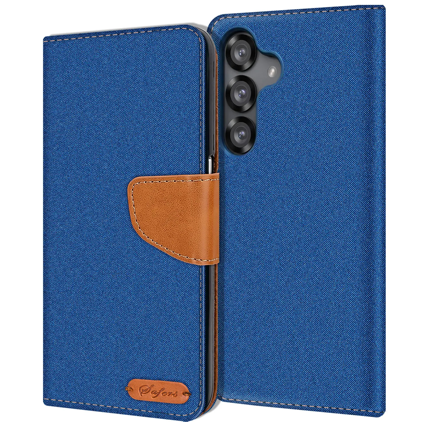 Blaue Textil-Klapphülle mit braunem Lederdetail, zeigt Rückseite eines Samsung S25 FE mit drei Kameras.