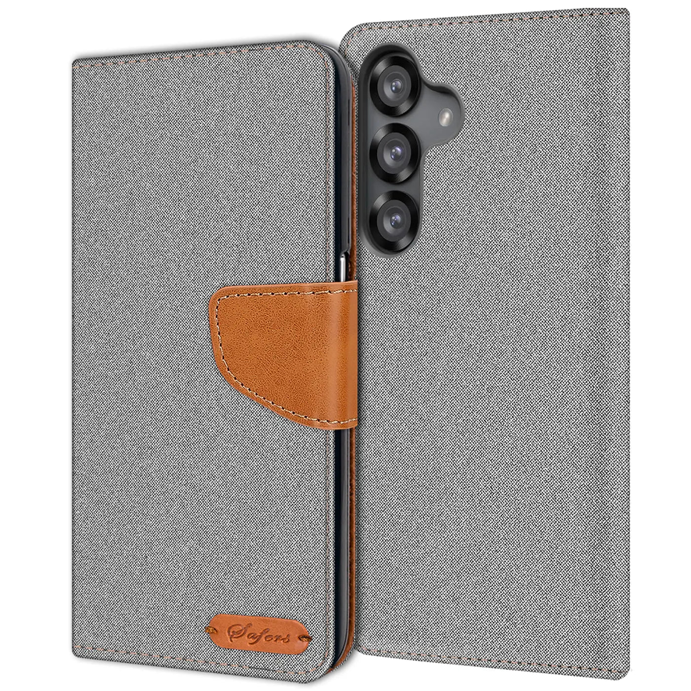 Graue Textil-Klapphülle mit braunem Lederakzent, von vorne, für Samsung Galaxy S25 FE.