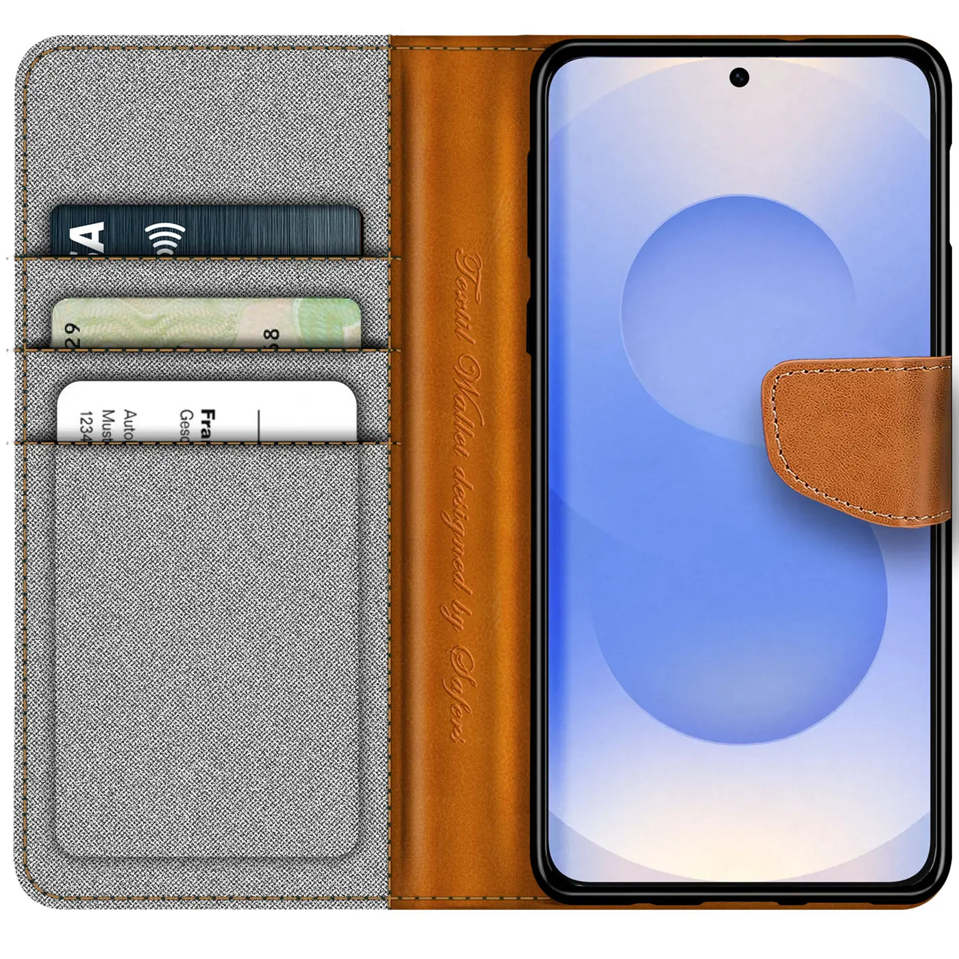 Graue Textil-Klapphülle mit braunem Lederriemen, Kartenfächern, zeigt Smartphone frontal.