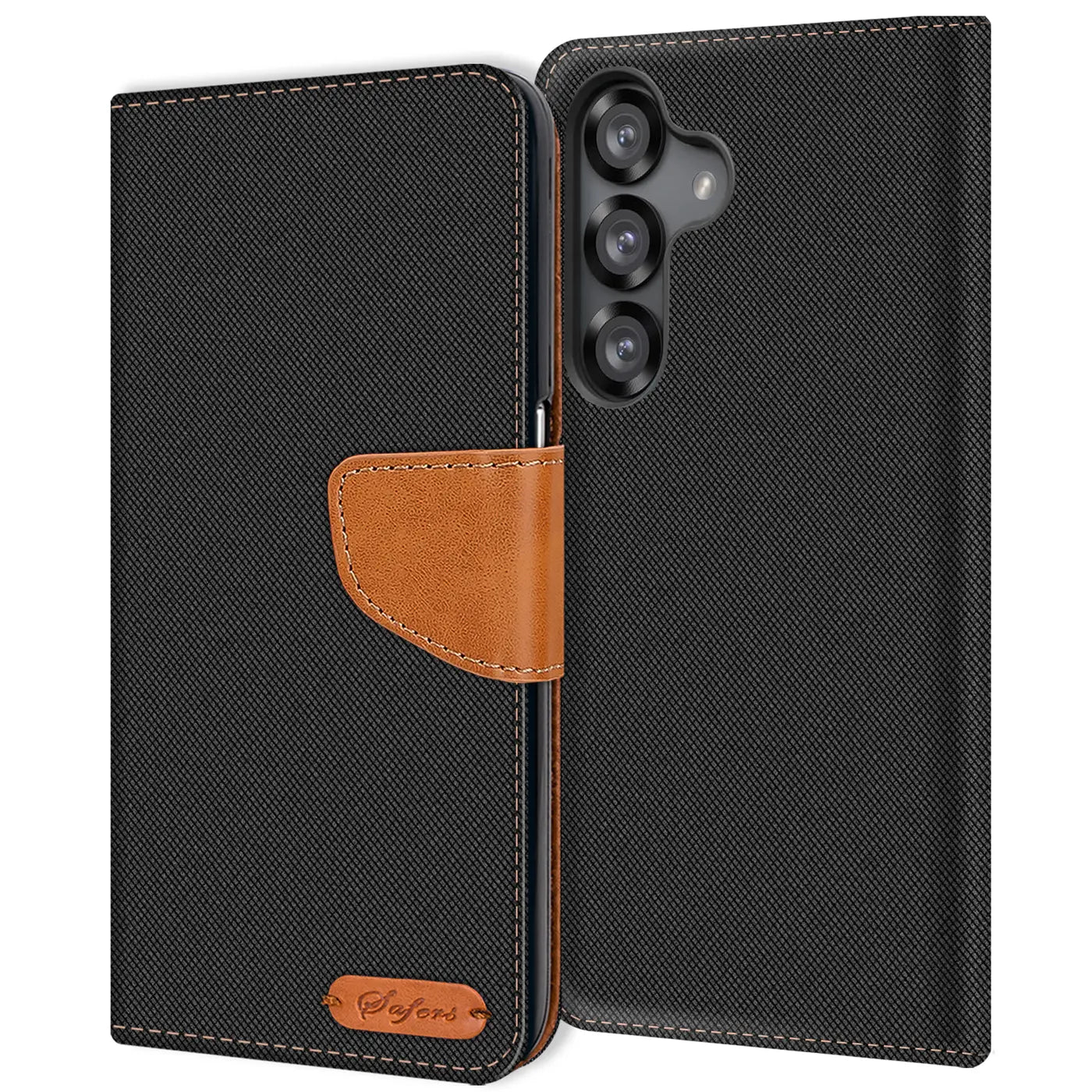 Schwarze Textil-Klapphülle mit braunem Lederdetail, von vorne, für Samsung S25 FE.