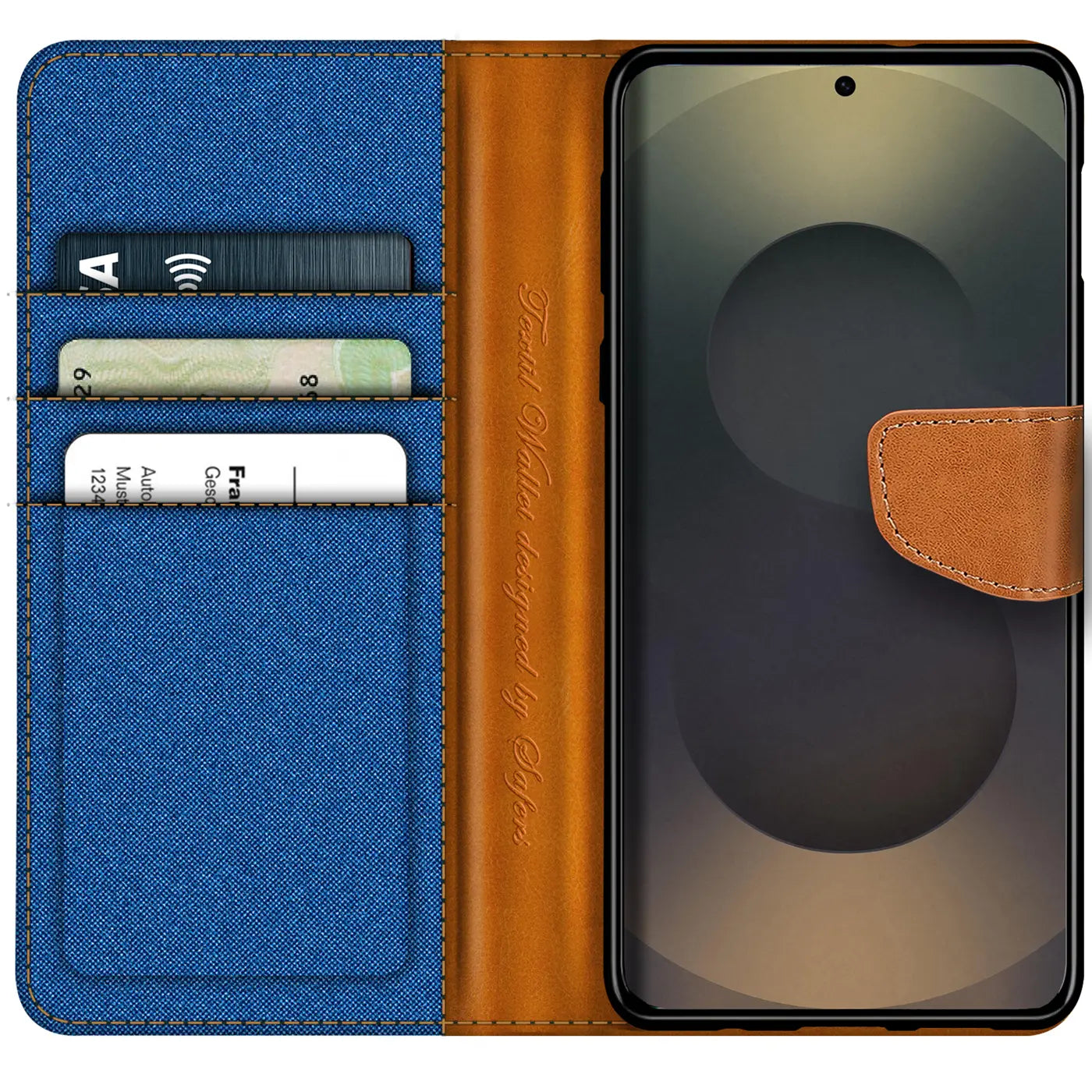 Blaue Textil-Klapphülle mit braunen Lederdetails und Kartenfach, zeigt Samsung Galaxy S25 Ultra.