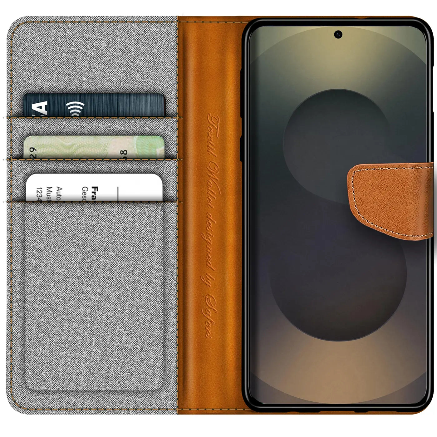 Graue Textil-Klapphülle mit braunen Lederdetails, Kartenfächern, zeigt Samsung S25 Ultra.