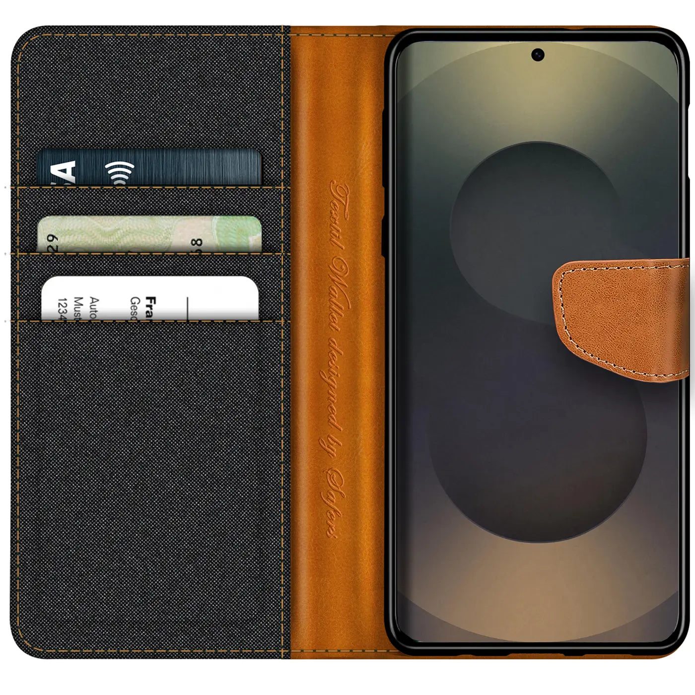 Textil-Klapphülle mit Kartenfach für Samsung S25 Ultra, schwarz/braun, von vorn