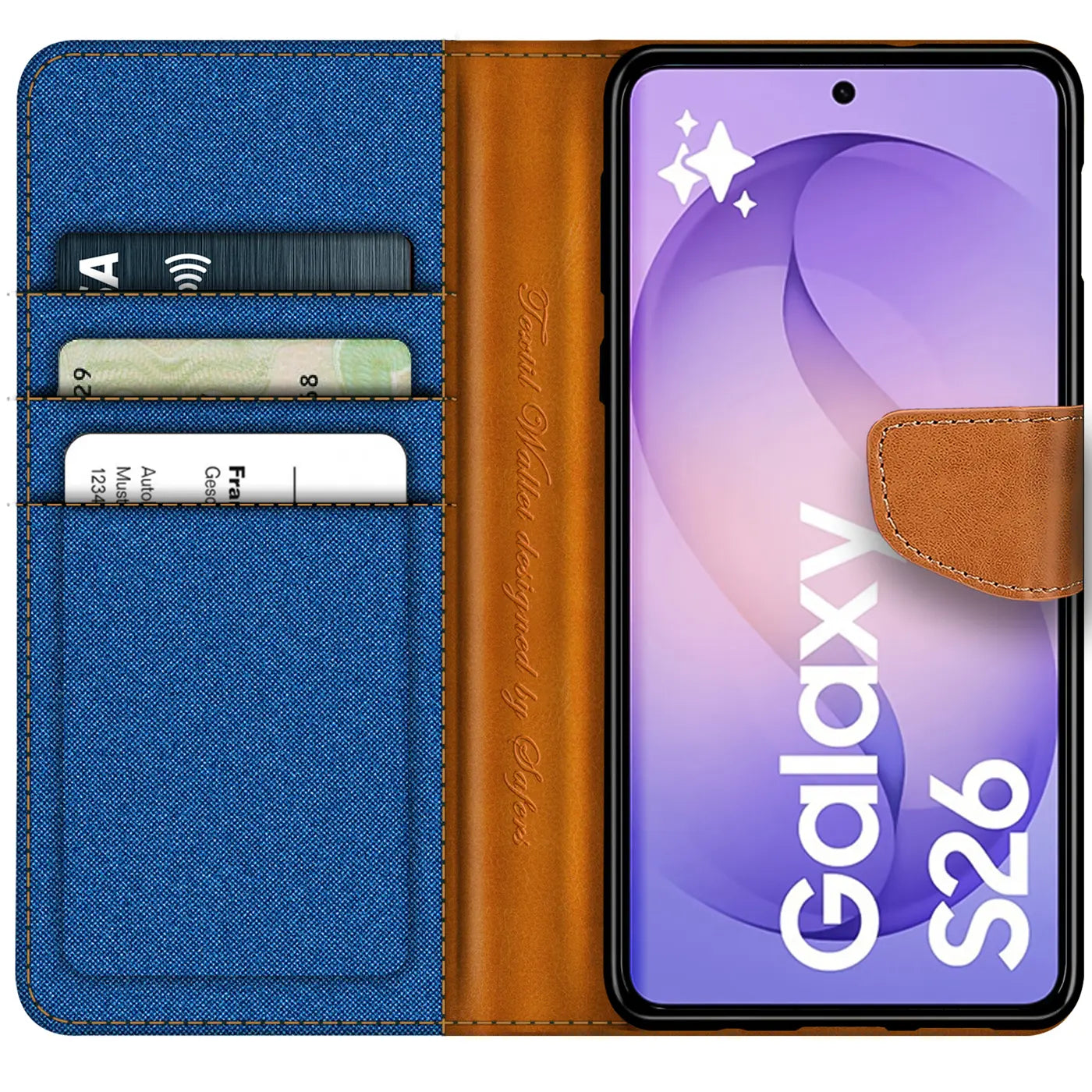 Blaue Textil-Klapphülle mit braunen Lederdetails, offen, zeigt Samsung Galaxy S26, Kartenfächer.