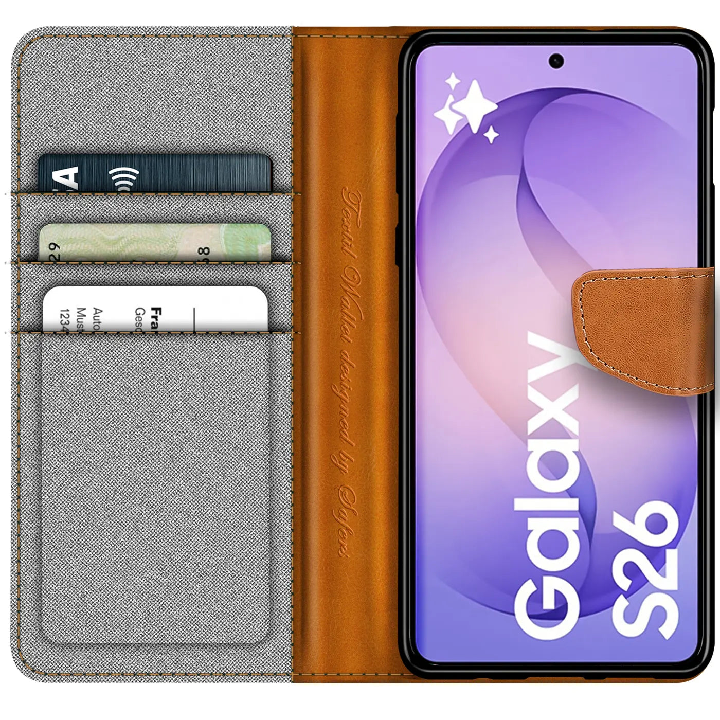 Graue Textil-Klapphülle mit braunem Lederriemen und Kartenfach, zeigt Samsung Galaxy S26.