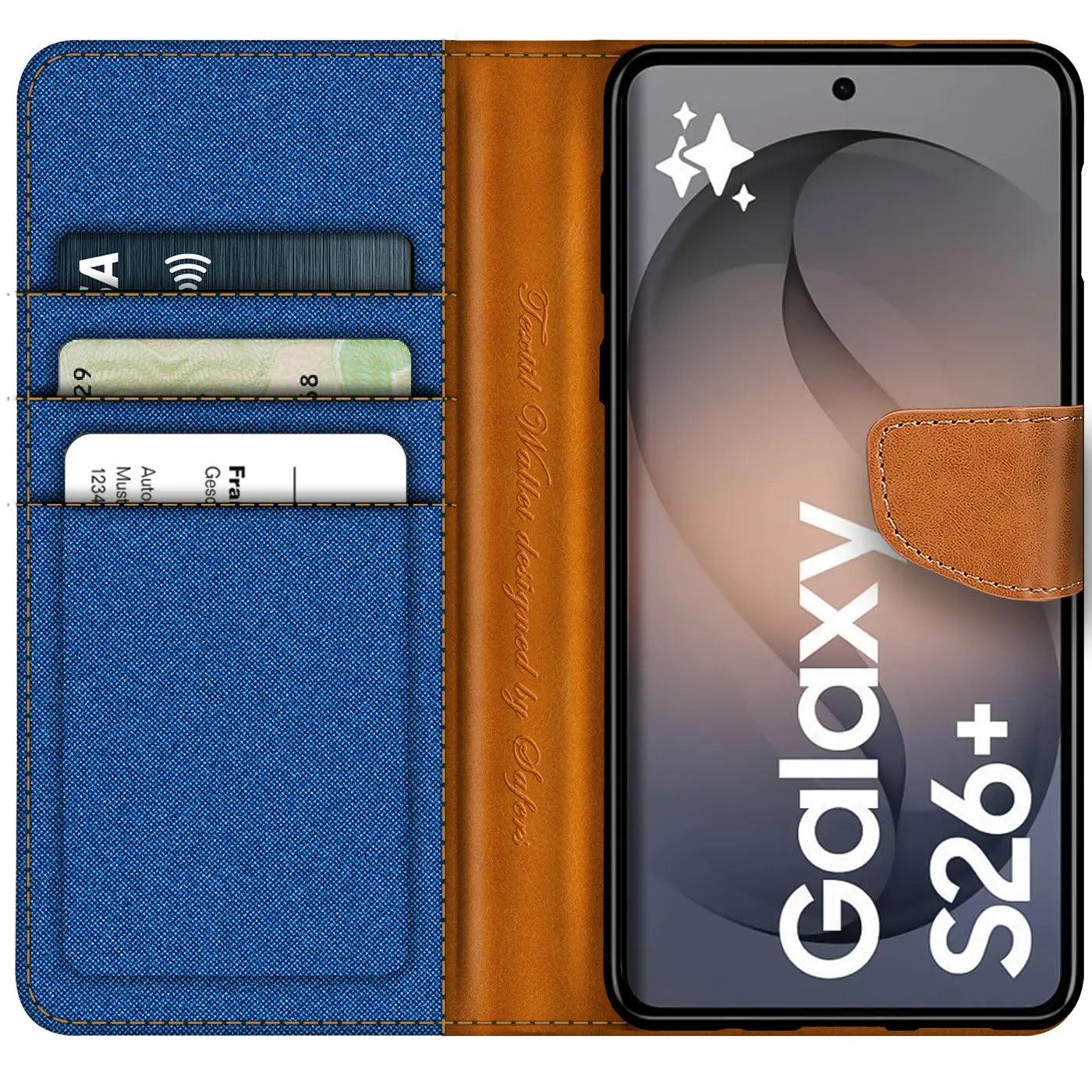 Blaue Textil-Klapphülle mit braunen Lederdetails, Kartenfächern, zeigt Samsung Galaxy S26+