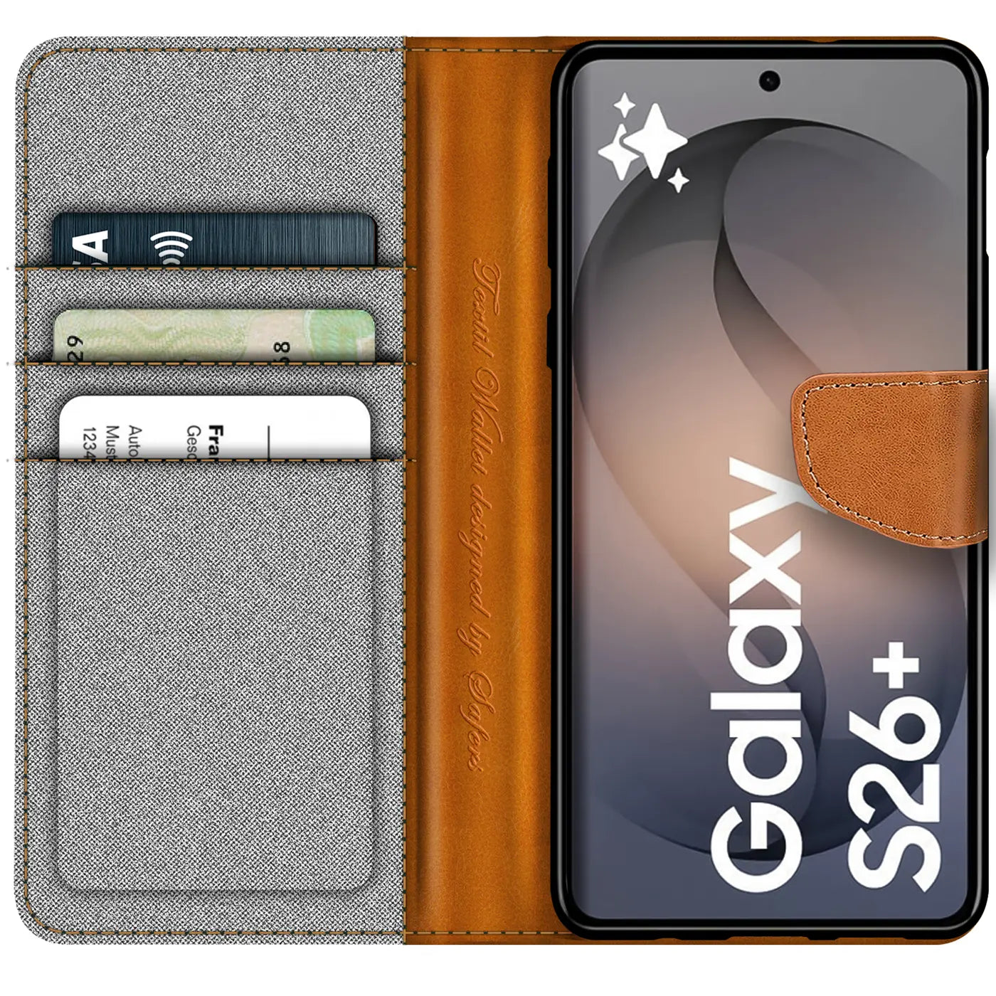 Graue Textil-Klapphülle mit braunen Lederdetails und Kartenfächern, zeigt Samsung Galaxy S26+.