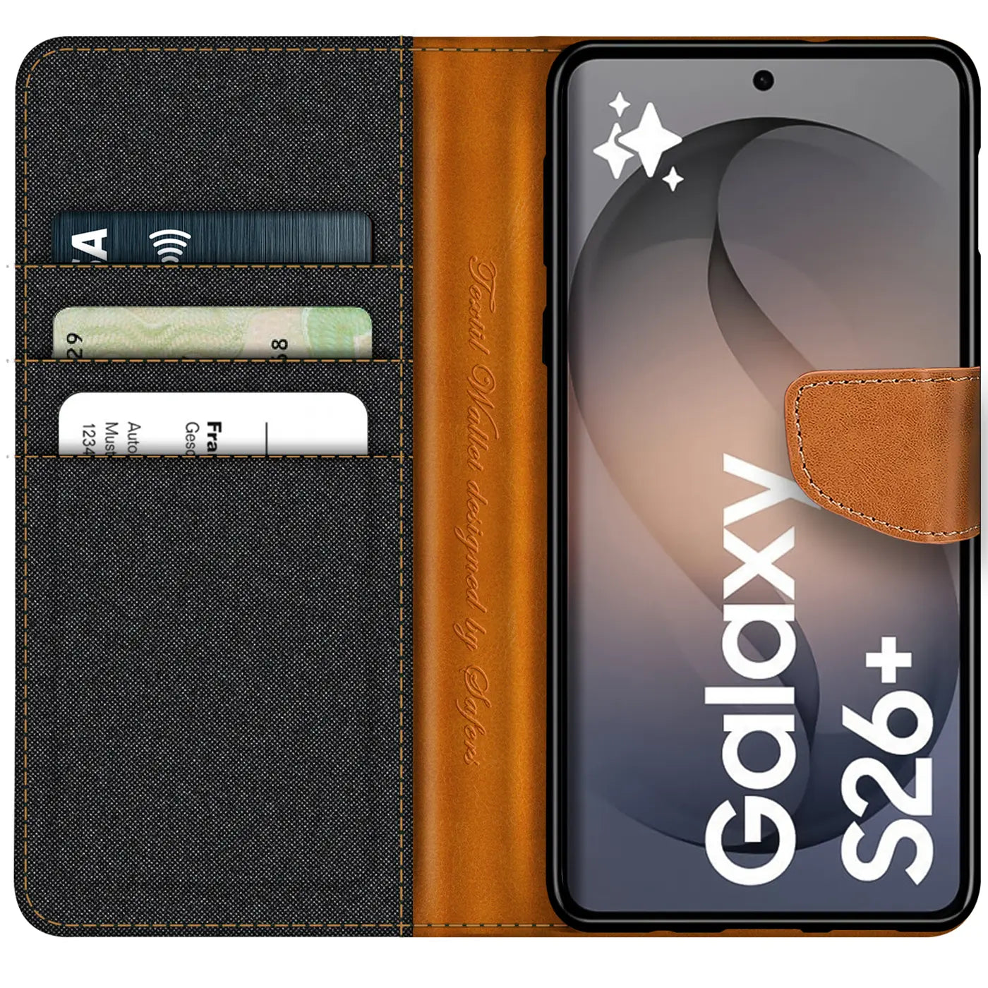 Textil Klapphülle, braun/grau, mit Kartenfach, Samsung Galaxy S26+