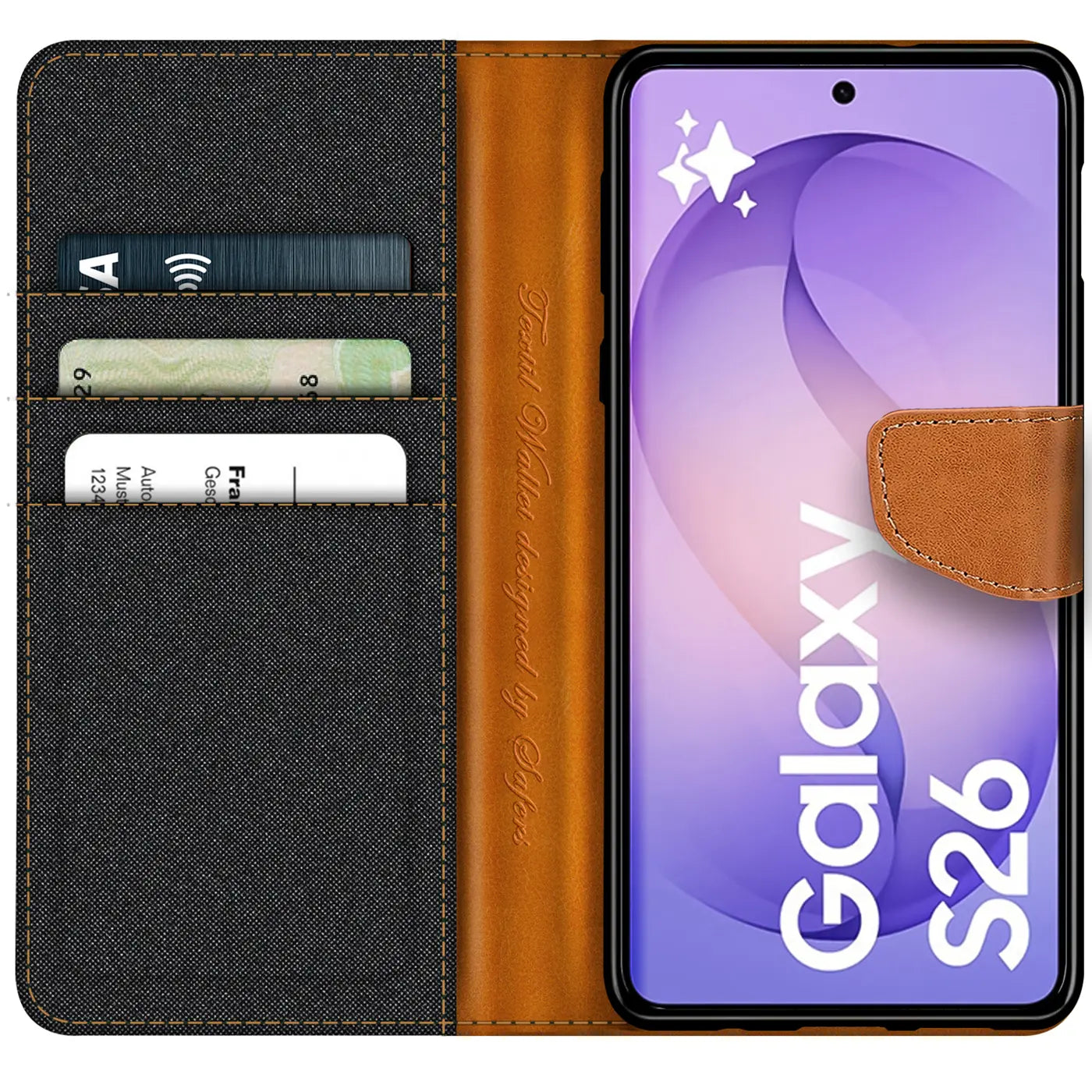 Textil-Klapphülle mit Kartenfach, braun/grau, für Samsung Galaxy S26.