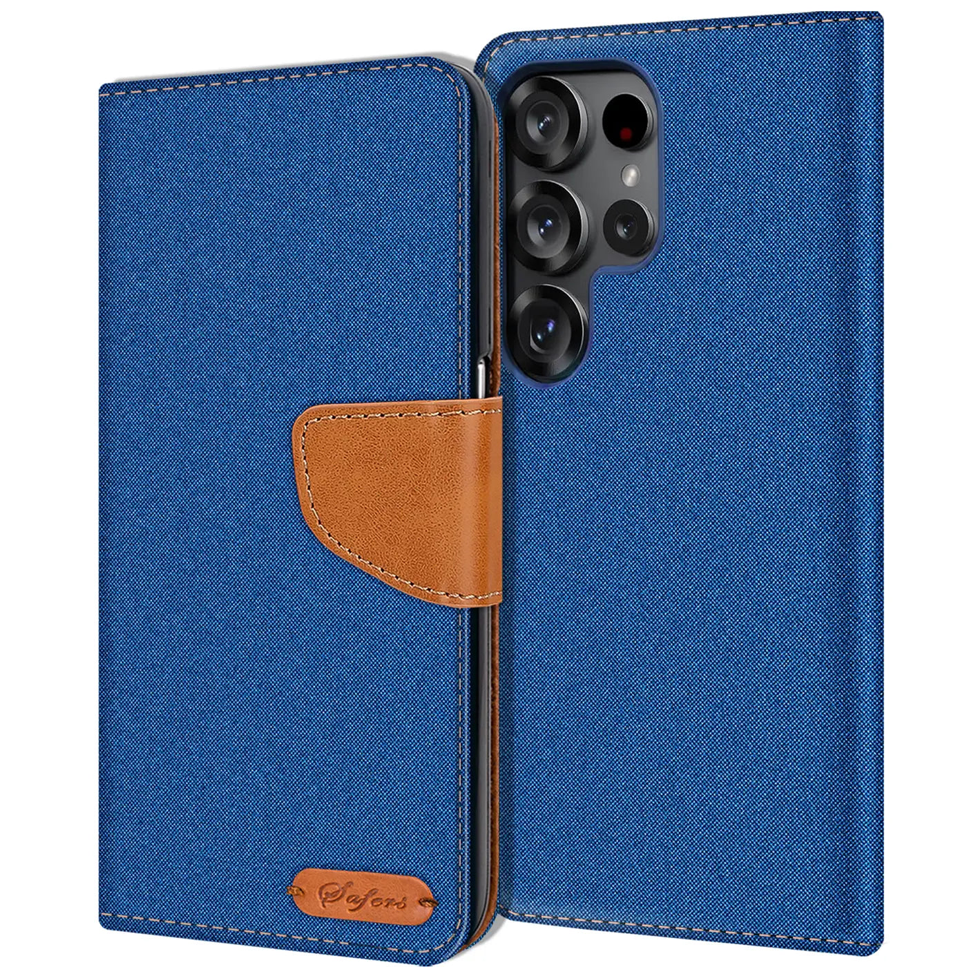 Blaue Textil-Klapphülle mit braunem Lederakzent und Kartenfach für Samsung S26 Ultra.