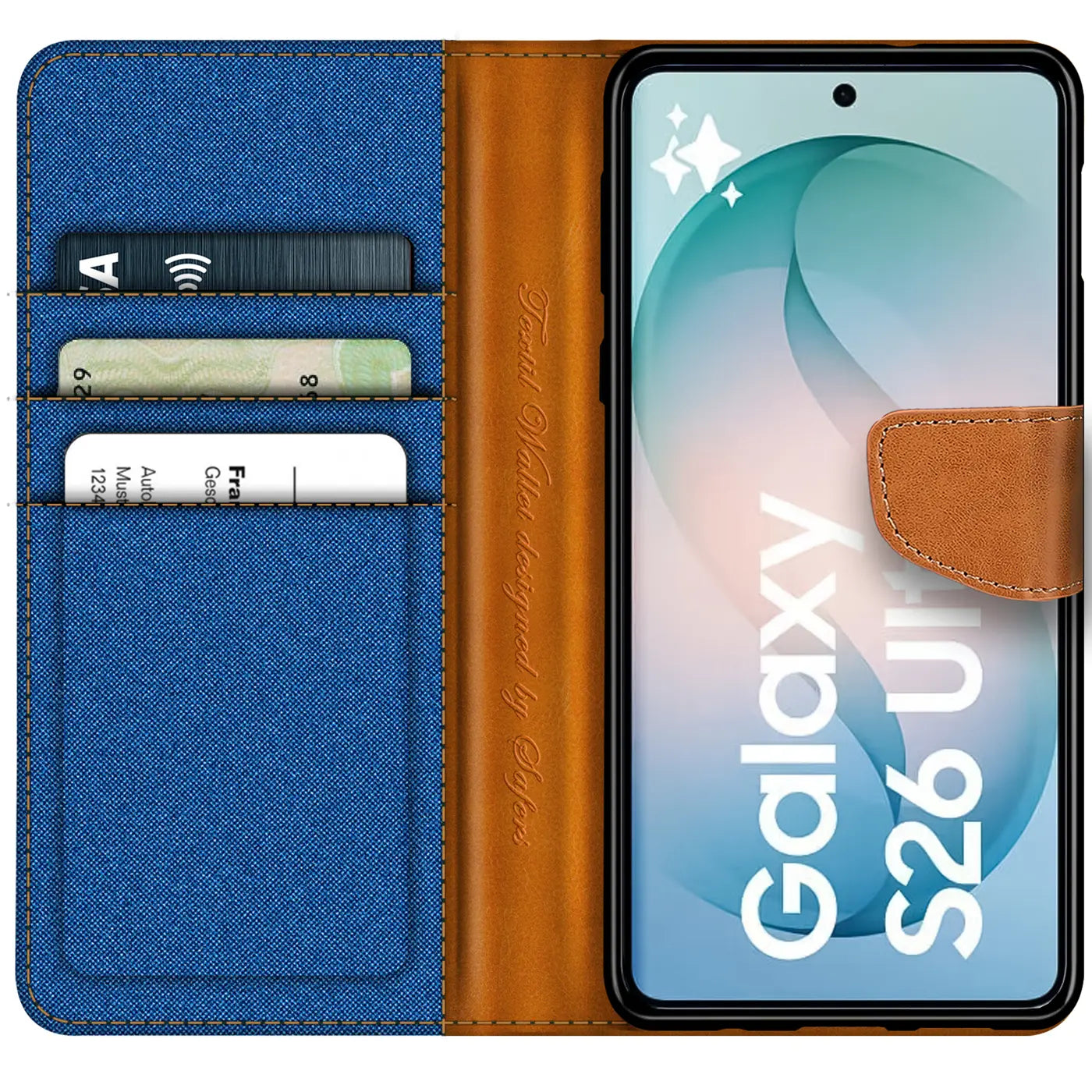 Blaue Textil-Klapphülle mit braunen Lederdetails, Kartenfächern, zeigt Samsung Galaxy S26 Ultra.