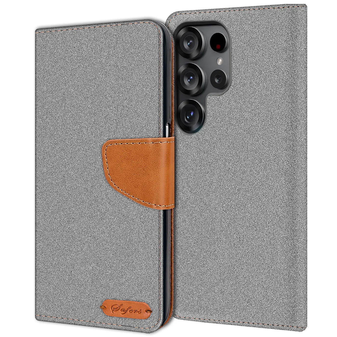 Graue Textil-Klapphülle mit braunem Lederdetail für Samsung S26 Ultra, von vorne