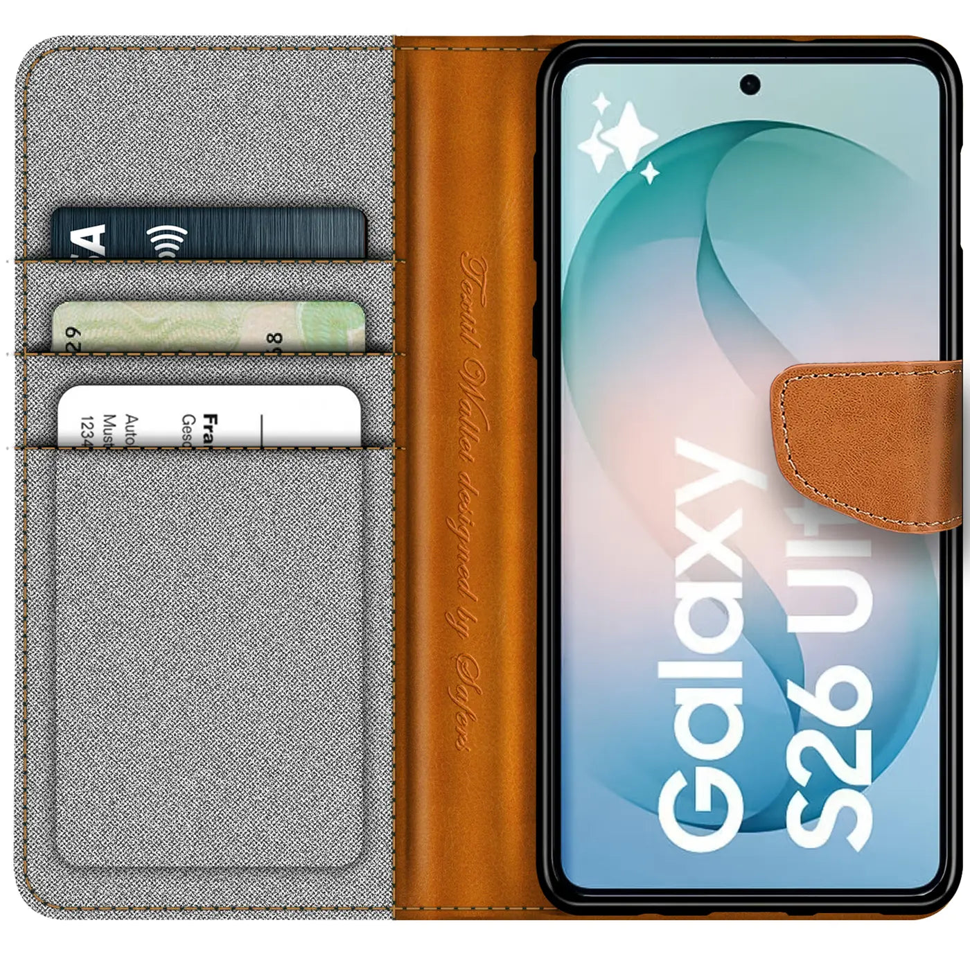 Graue Textil-Klapphülle mit braunen Lederdetails, Kartenfächer, Samsung S26 Ultra.