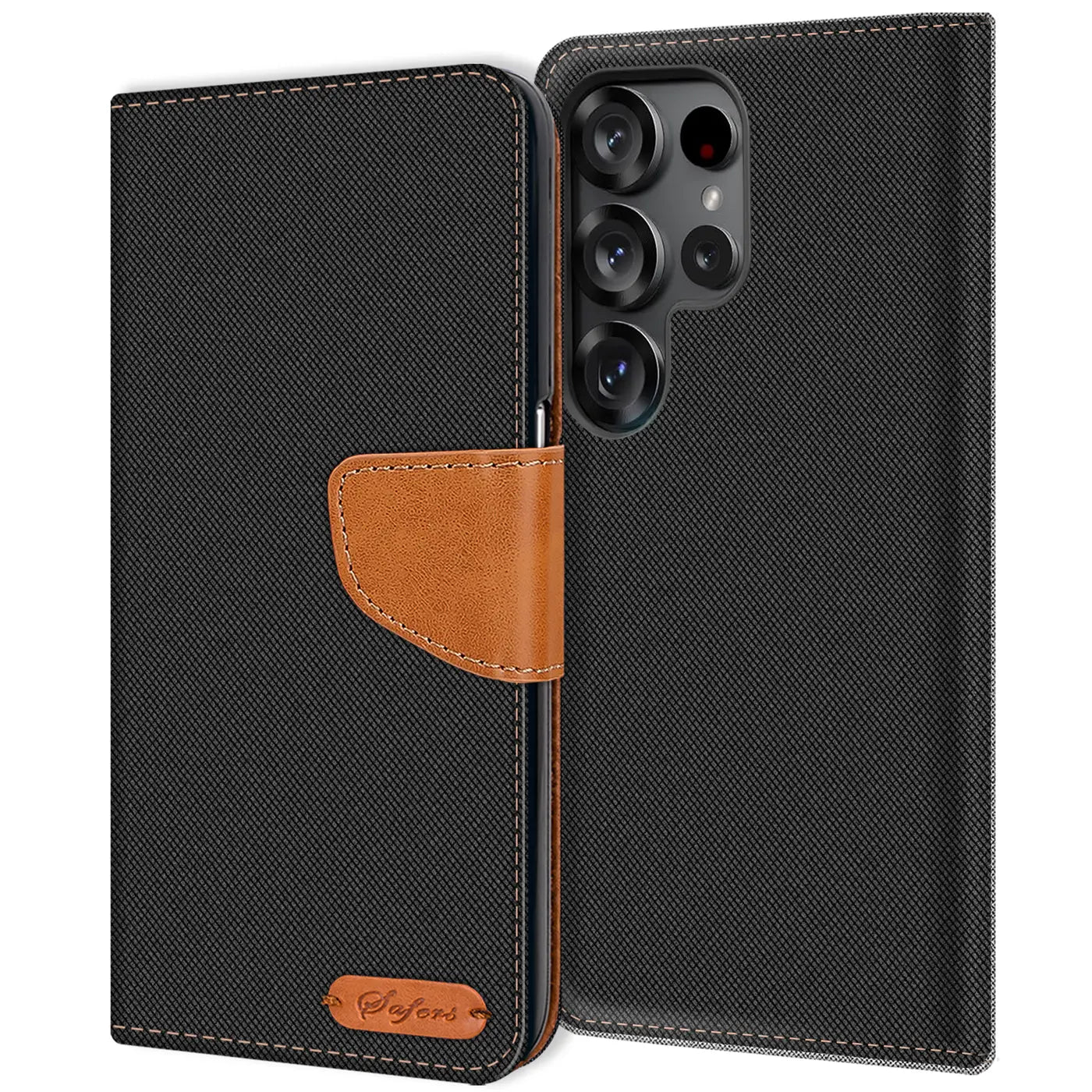 Schwarze Textil-Klapphülle mit braunem Lederakzent, Samsung S26 Ultra, Kartenfach