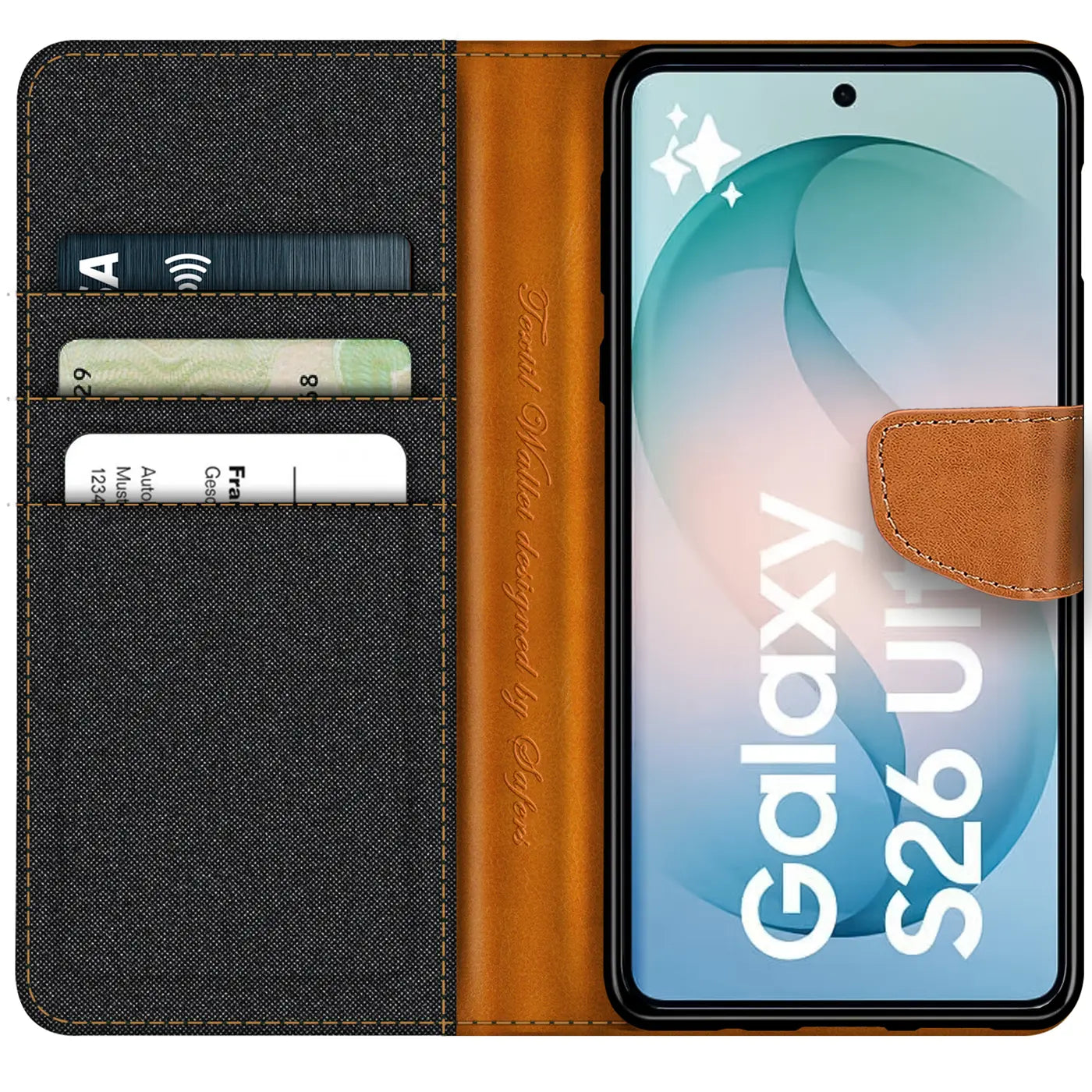 Textil-Klapphülle mit Kartenfach, braun/grau, für Samsung Galaxy S26 Ultra, von vorne