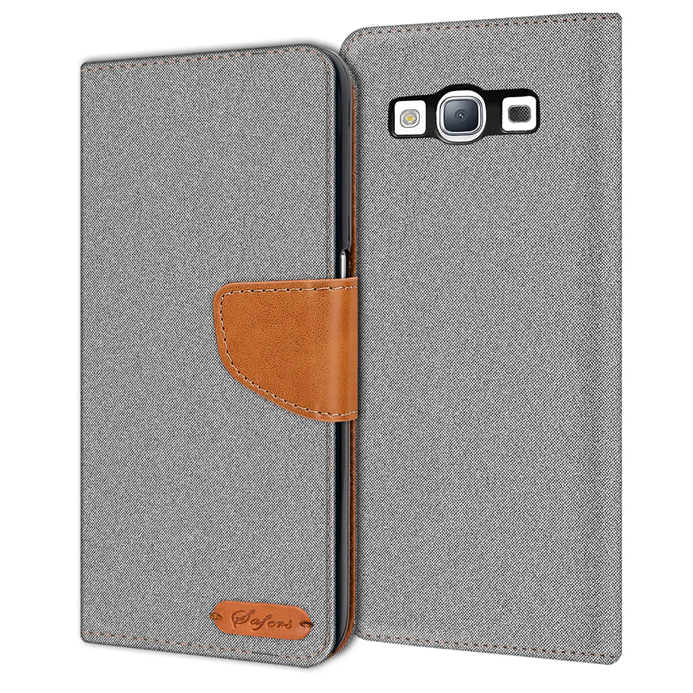 Graue Textil-Klapphülle mit braunem Lederriemen und Kartenfach, zeigt Rückseite Samsung S3 Neo.