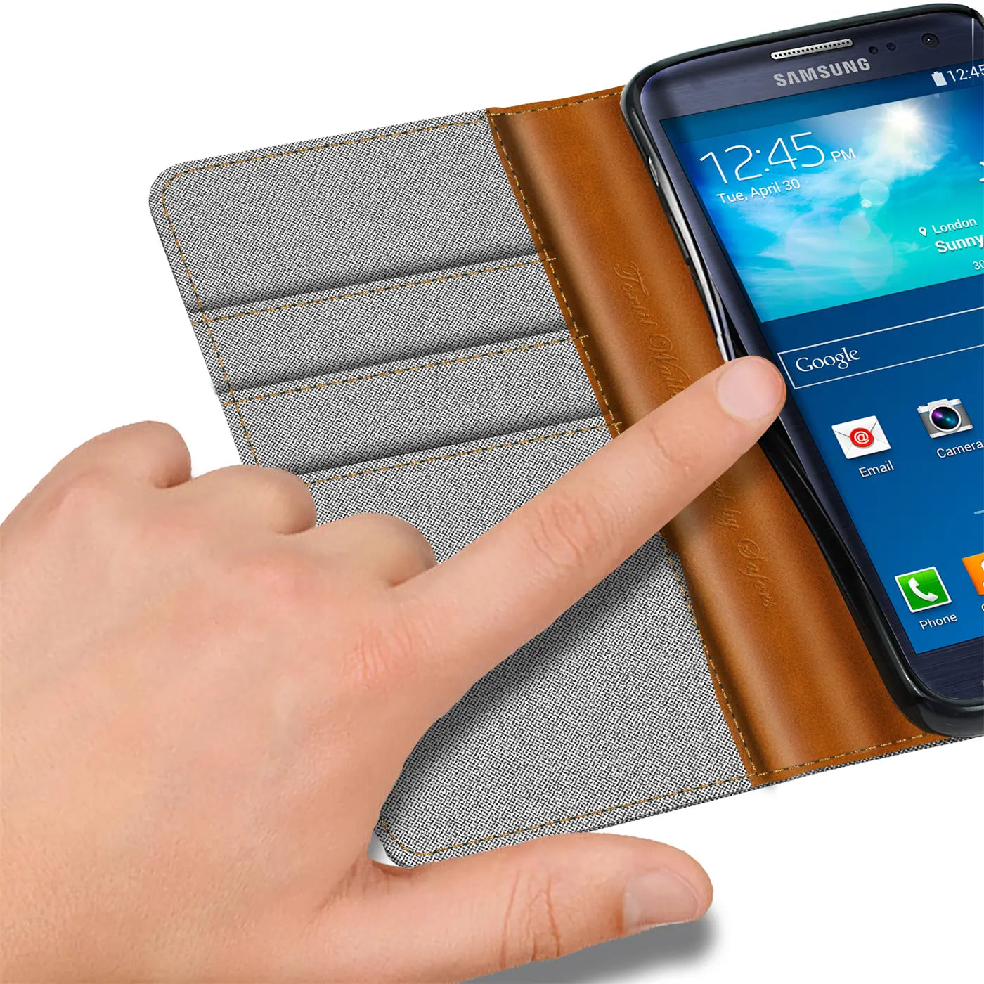 Graue Textil-Klapphülle mit braunem Lederakzent, Kartenfächern, Samsung Galaxy S3.