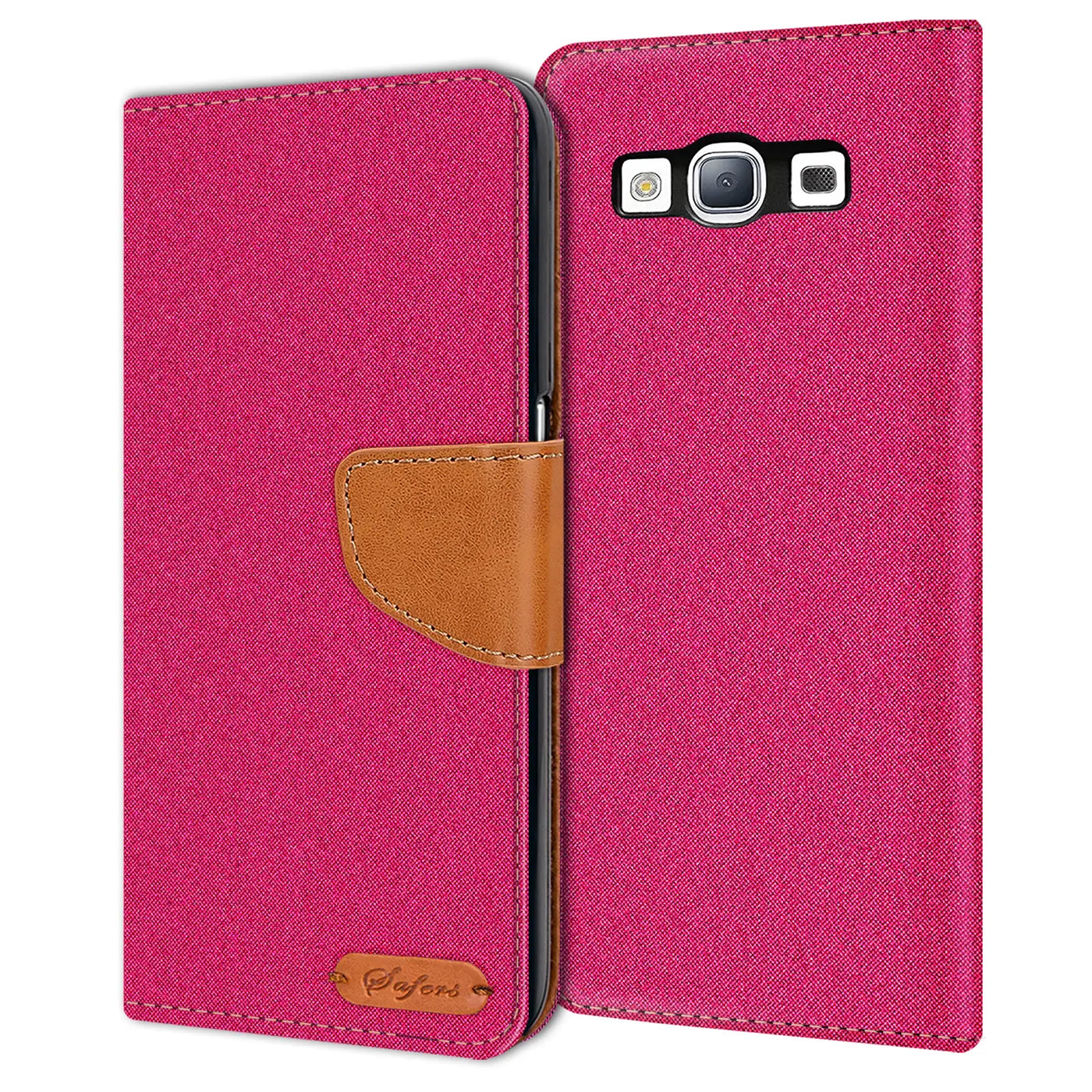 Pink Textil Klapphülle mit braunem Lederriemen, Samsung S3/S3 Neo, Vorderansicht
