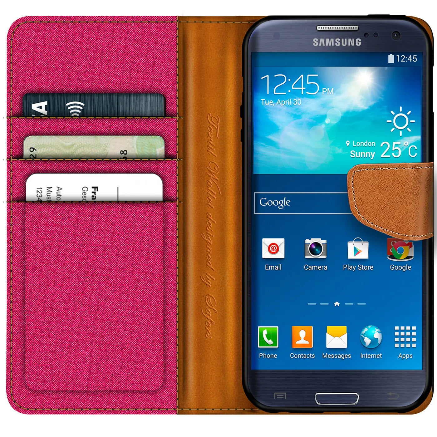 Samsung S3 mit pinker Textilhülle, braunes Leder, Kartenfächer, von vorne