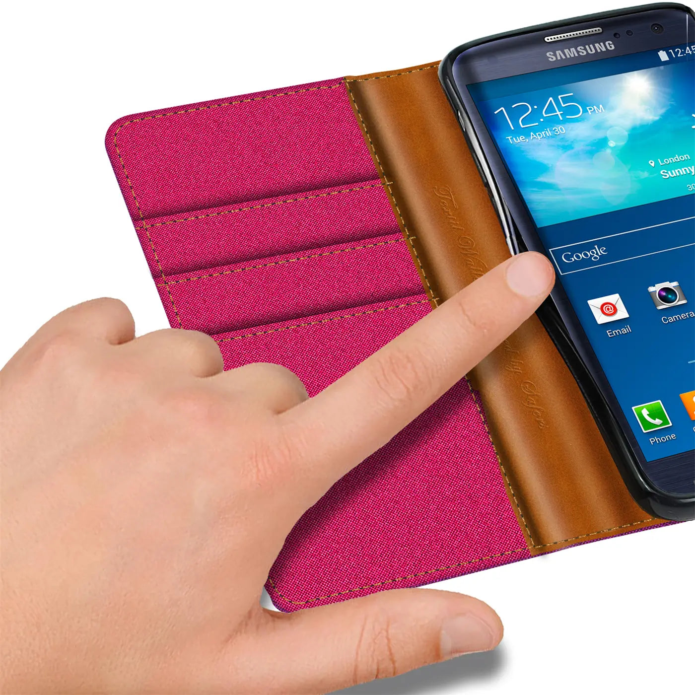 Samsung Galaxy S3/S3 Neo Klapphülle, pinkes Textil, braunes Leder, Kartenfach, von vorn