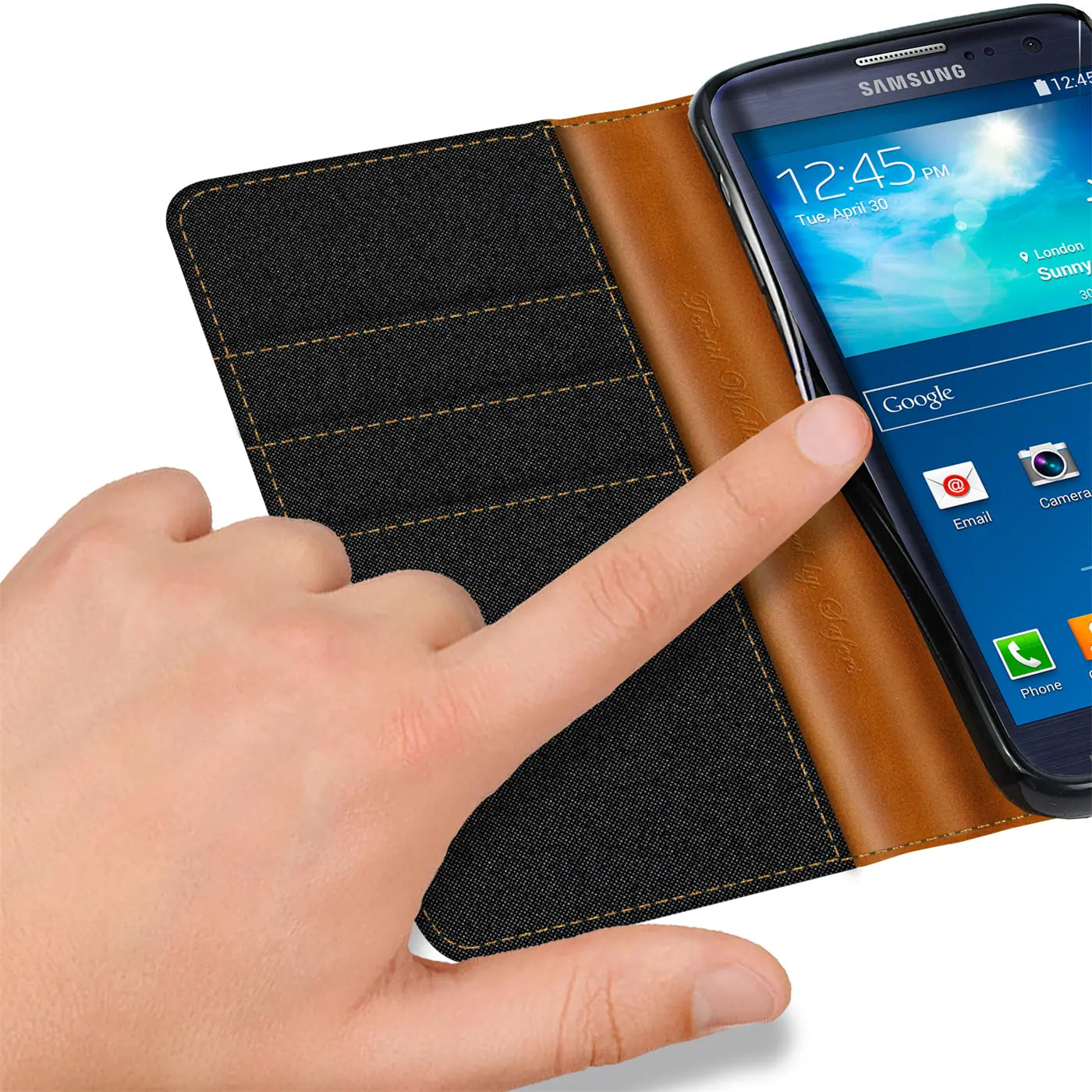 Samsung Galaxy S3/S3 Neo Klapphülle, Textil/Leder, Finger berührt Bildschirm.