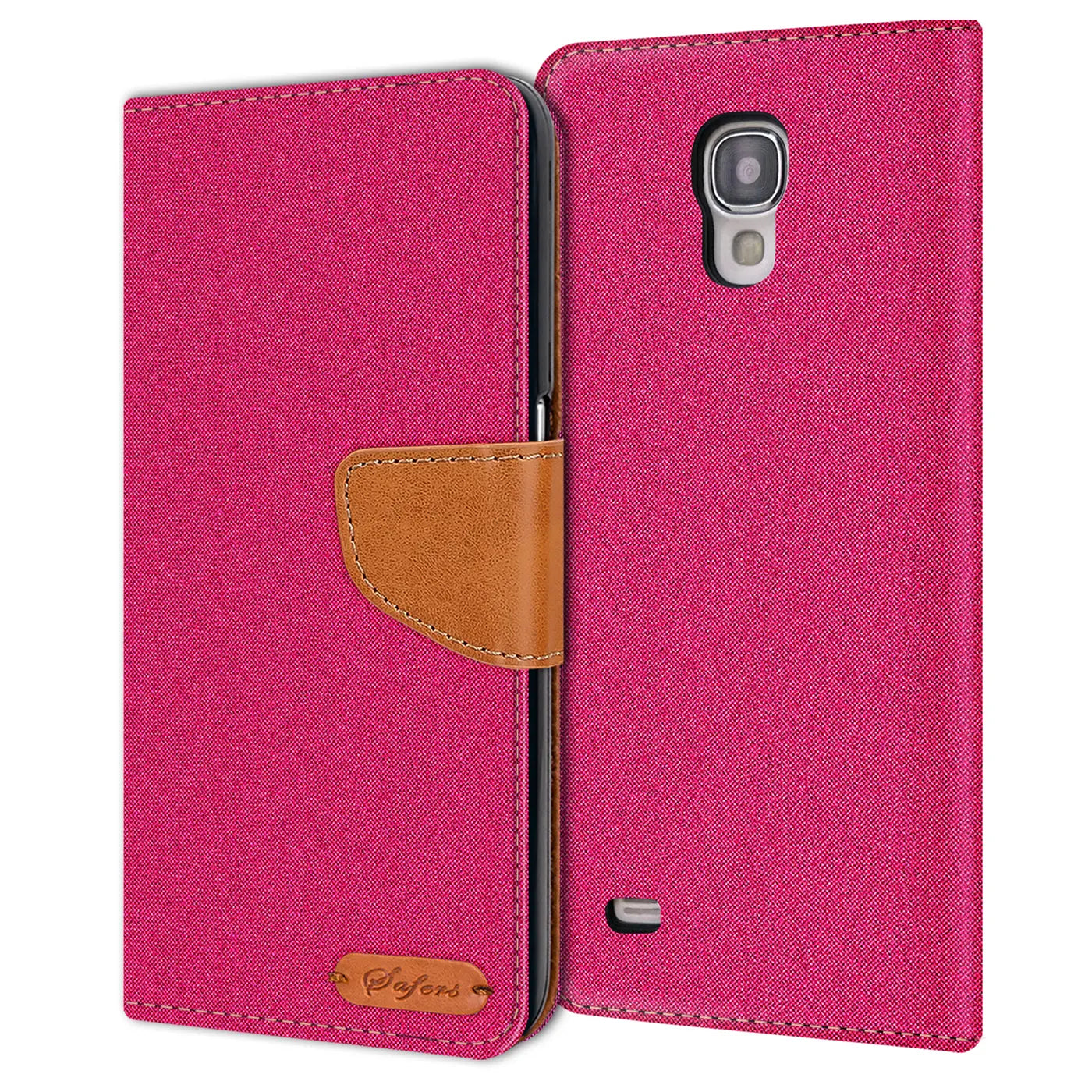 Fuchsia Textil-Klapphülle mit braunem Lederdetail für Samsung Galaxy S4, von vorne