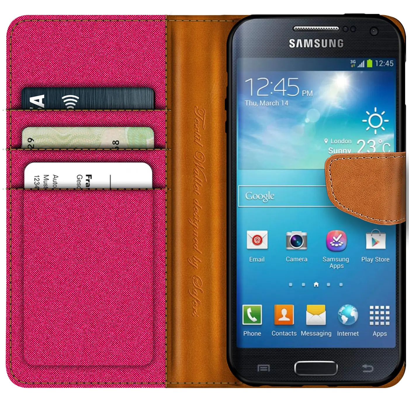 Textil-Klapphülle in Pink/Braun mit Kartenfach für Samsung Galaxy S4, von vorne