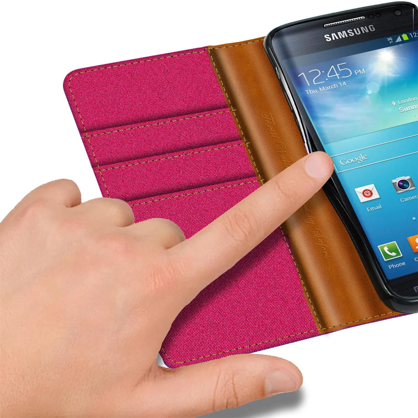 Pink Textil Klapphülle mit Kartenfach, braunes Leder, Samsung Galaxy S4.