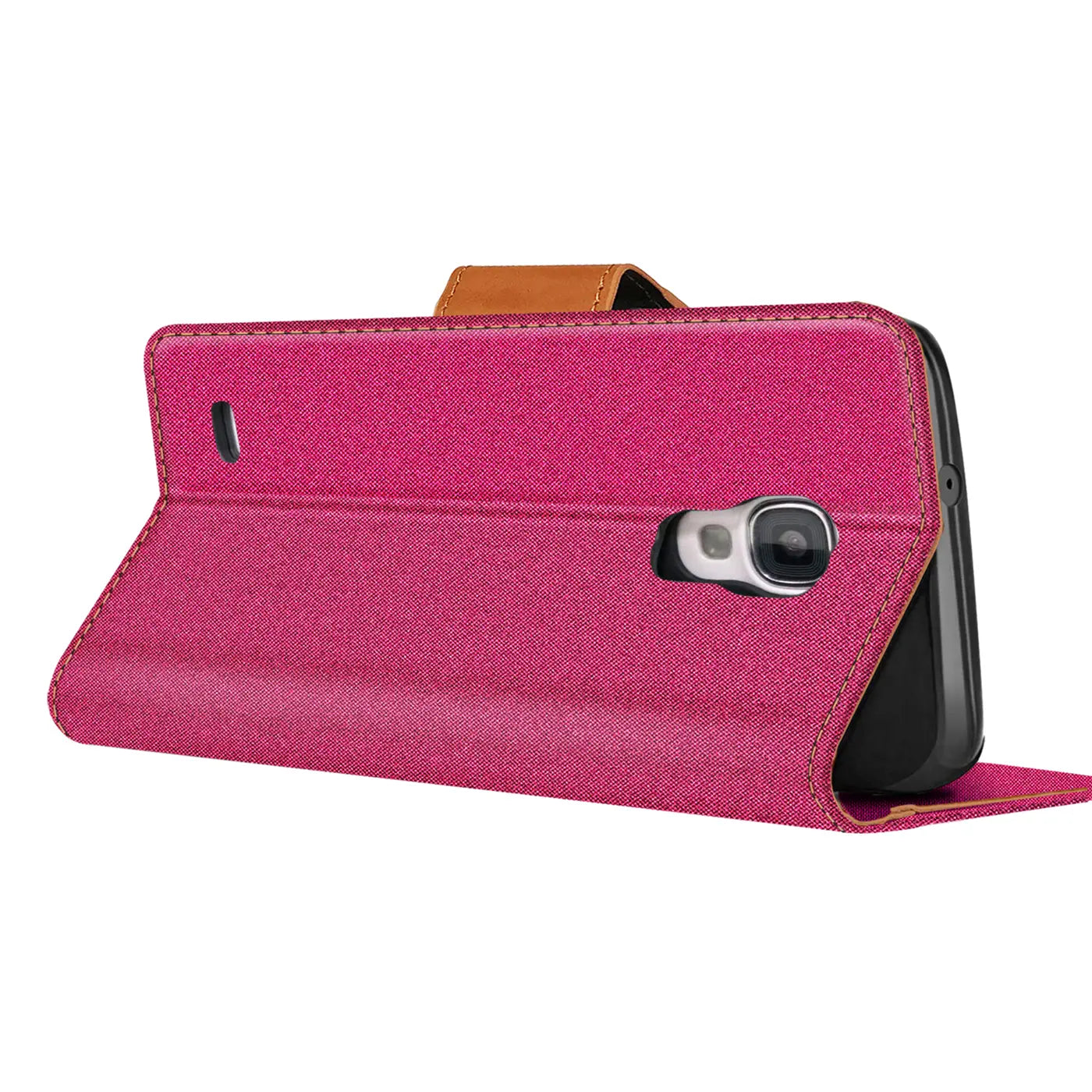 Pink Textil Klapphülle mit Kartenfach für Samsung Galaxy S4, Seitenansicht