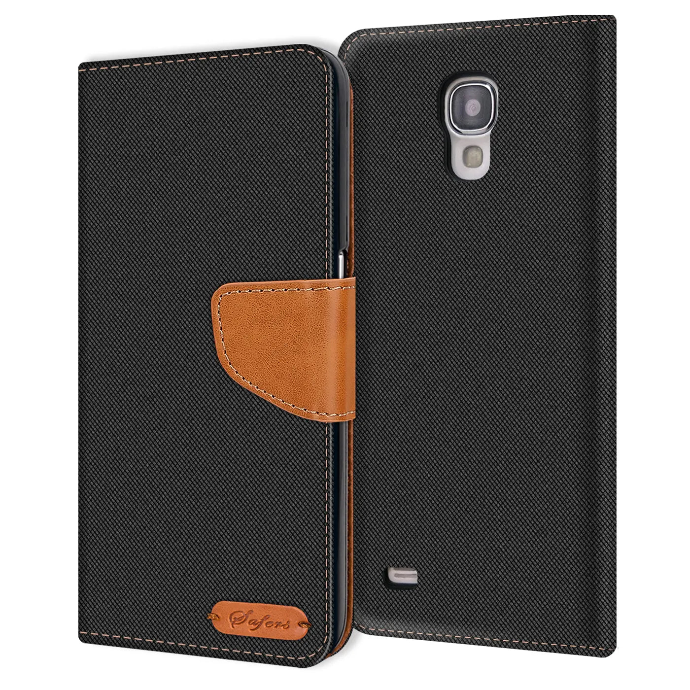 Schwarze Textil-Klapphülle mit braunem Lederakzent für Samsung Galaxy S4.