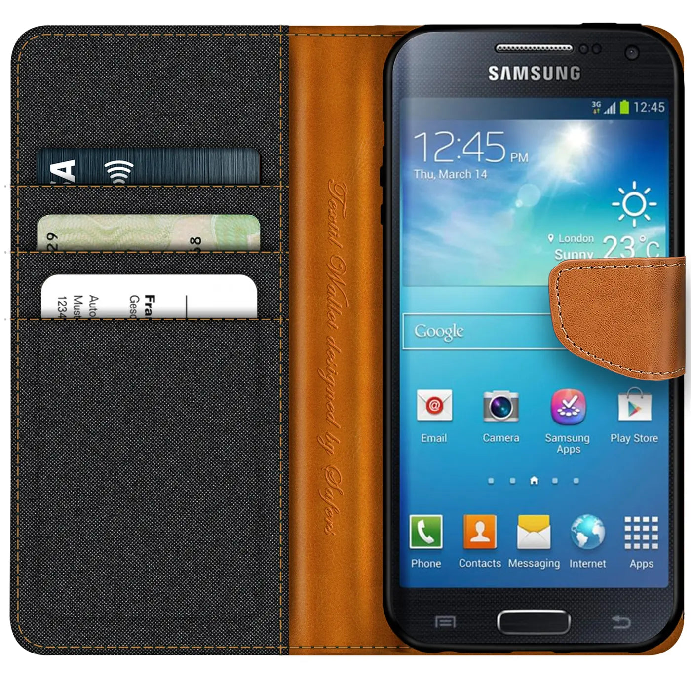 Samsung Galaxy S4 in brauner Leder-Klapphülle mit Kartenfächern, von vorne