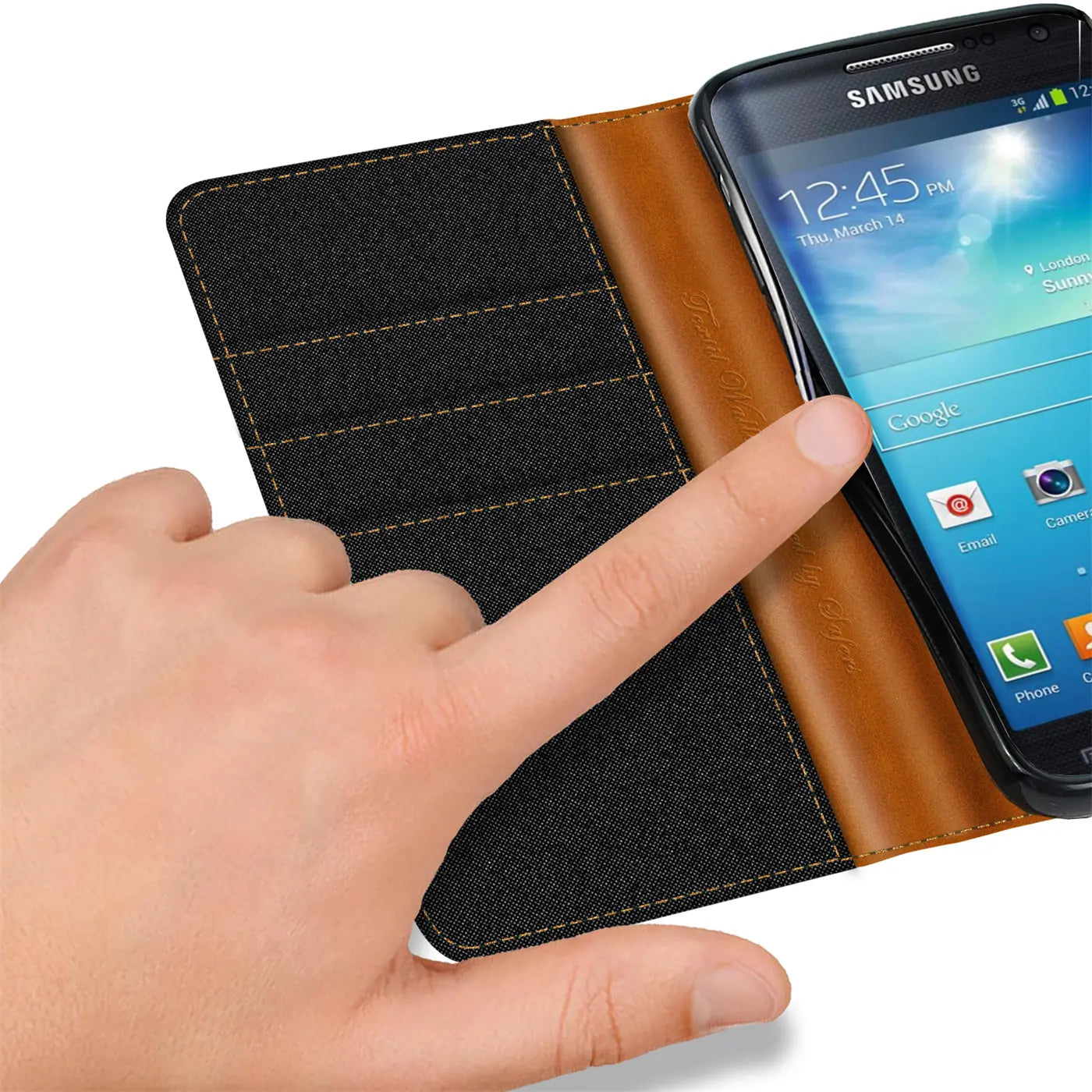 Samsung Galaxy S4 in brauner Leder-Klapphülle mit schwarzem Textil, von oben links
