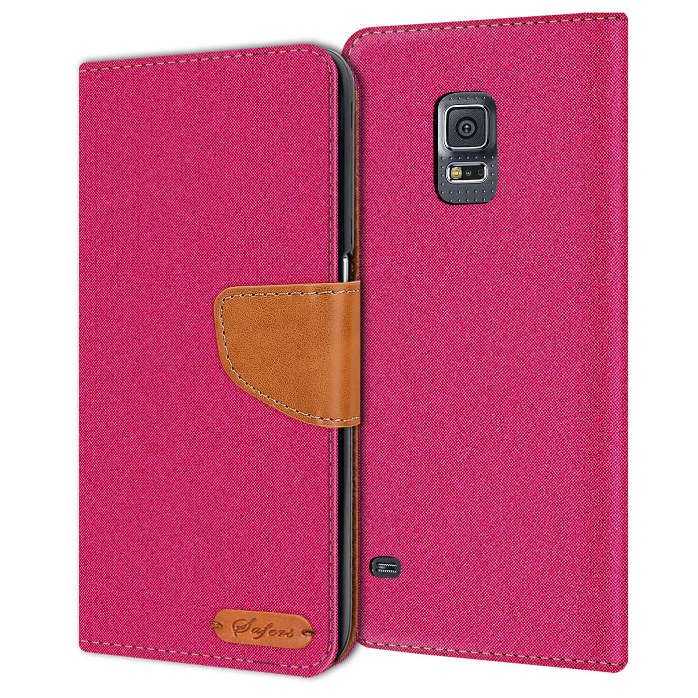 Pink Textil Klapphülle mit braunem Lederriemen, zeigt Rückseite Samsung S5 Neo.
