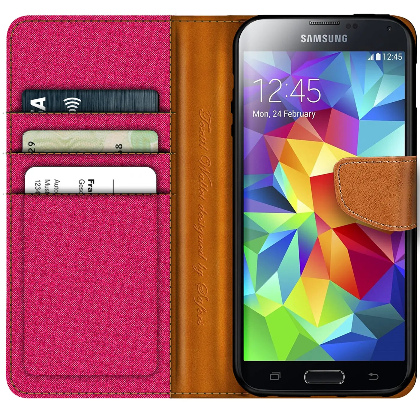 Textil-Klapphülle in Pink mit Kartenfach, braunes Leder, Samsung S5/S5 Neo.