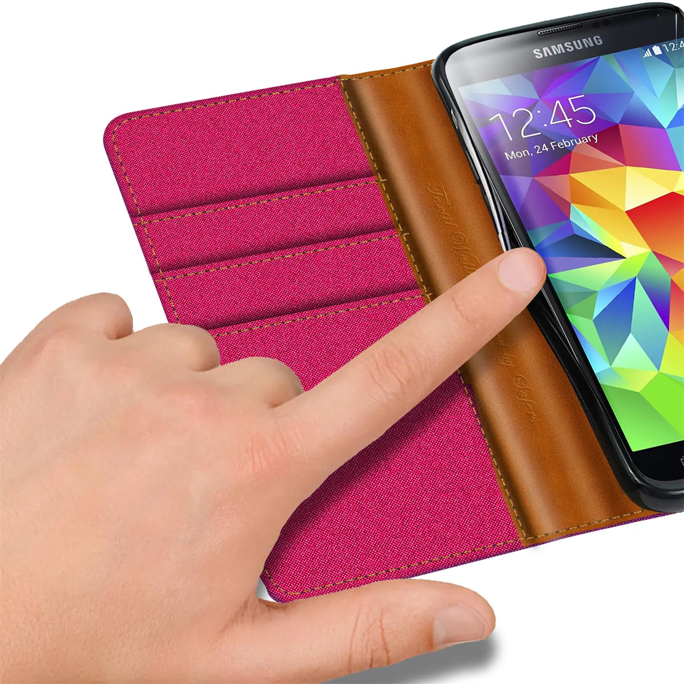 Pink Textil-Klapphülle mit Kartenfach, braunes Leder, Samsung S5 Neo, Nahaufnahme
