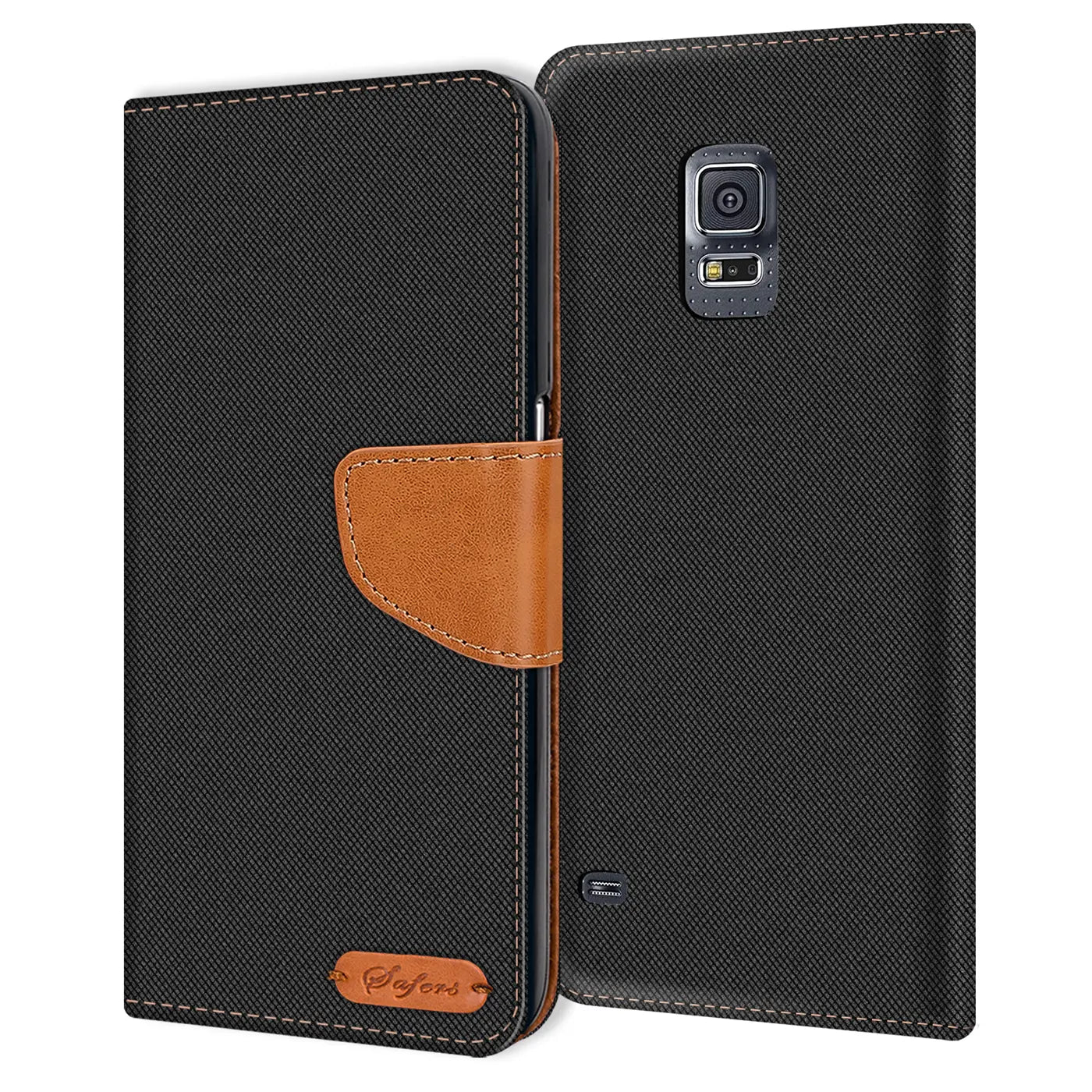 Schwarze Textil-Klapphülle mit braunem Lederdetail und Kartenfach für Samsung Galaxy S5/S5 Neo