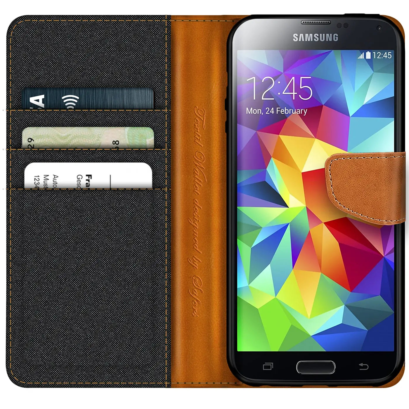 Textil-Klapphülle mit Kartenfach für Samsung Galaxy S5/S5 Neo, braun/grau, von vorn