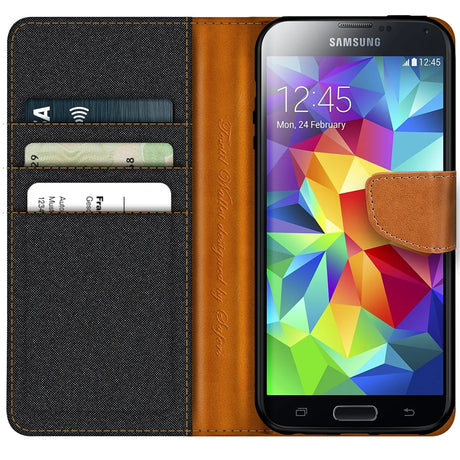 Samsung Galaxy S5 / S5 Neo Klapphülle im Jeanslook mit Karten- und Geldfach