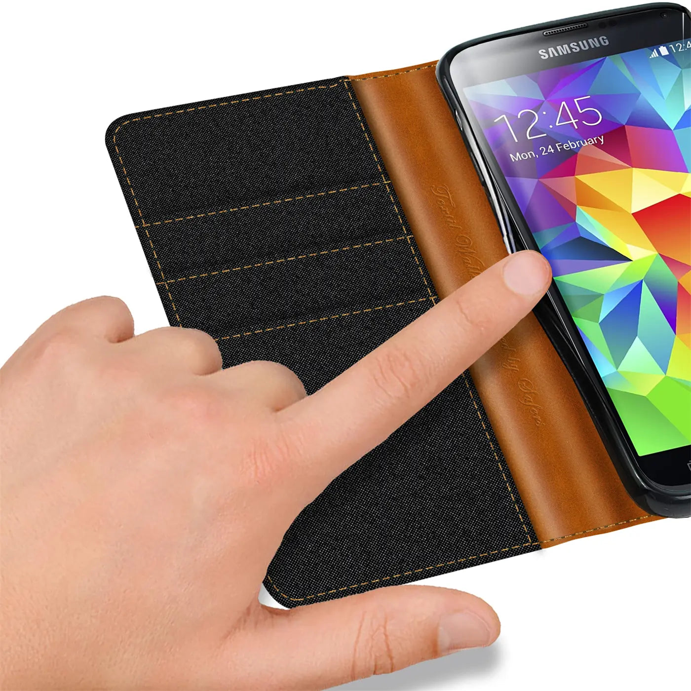 Samsung Galaxy S5/S5 Neo Klapphülle, Textil/Leder, von vorne, mit Kartenfach