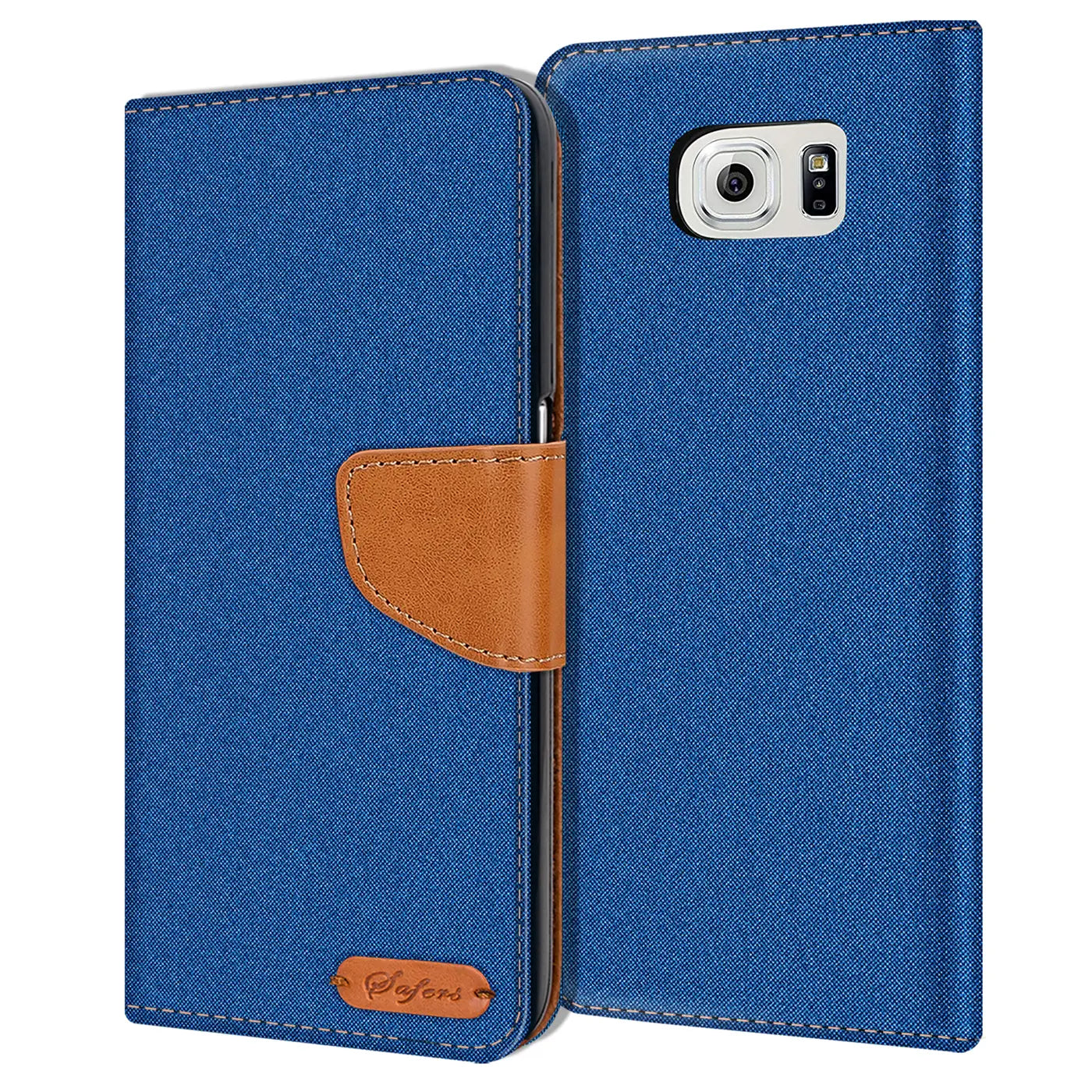 Blaue Textil-Klapphülle mit braunem Lederriemen, Samsung S6 Edge sichtbar, von vorne