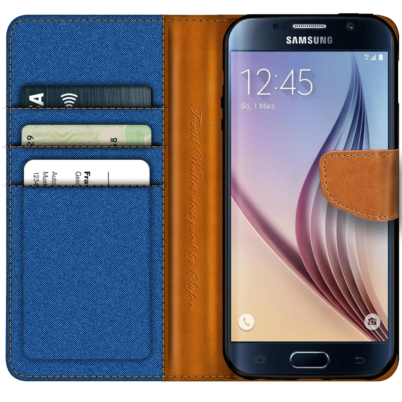 Textil-Klapphülle in Blau/Braun mit Kartenfächern, Samsung Galaxy S6 Edge von vorn